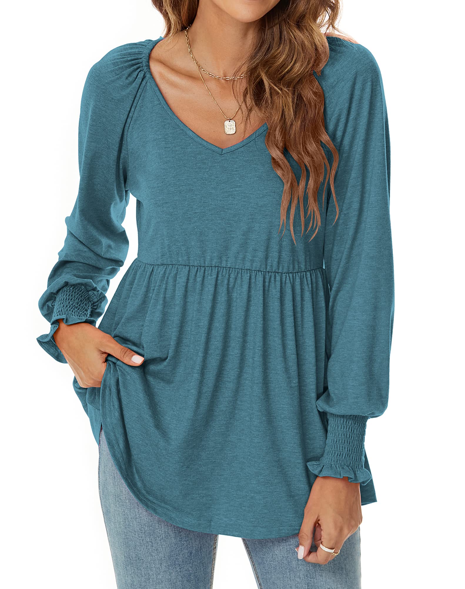 Hount Women's Puff Sleeve Long Tunic Top - Pleated Flare Pullover Blouse with V-Neck & Smocked Cuffs | Casual T-Shirt for Work, Date Night & Everyday Wear