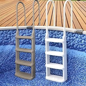 Easy Incline 200200 Above Ground Pool Deck Ladder - White In-Pool Swimming Ladder with Non-Slip Steps | Includes Free Beach Ball | Perfect for Backyard Pools, Inground Pools & Beach Parties
