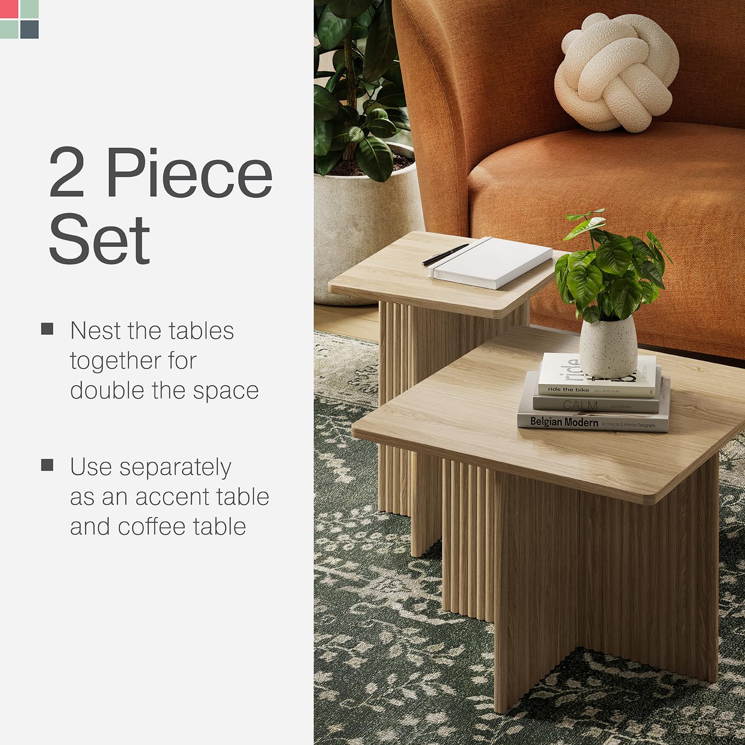 Square Fluted Nesting Coffee Table Set - 2 Piece Low Profile Modern Living Room Furniture with Solid Oak Base (Natural Oak) - Perfect for Small Spaces, Apartments & Contemporary Home Decor