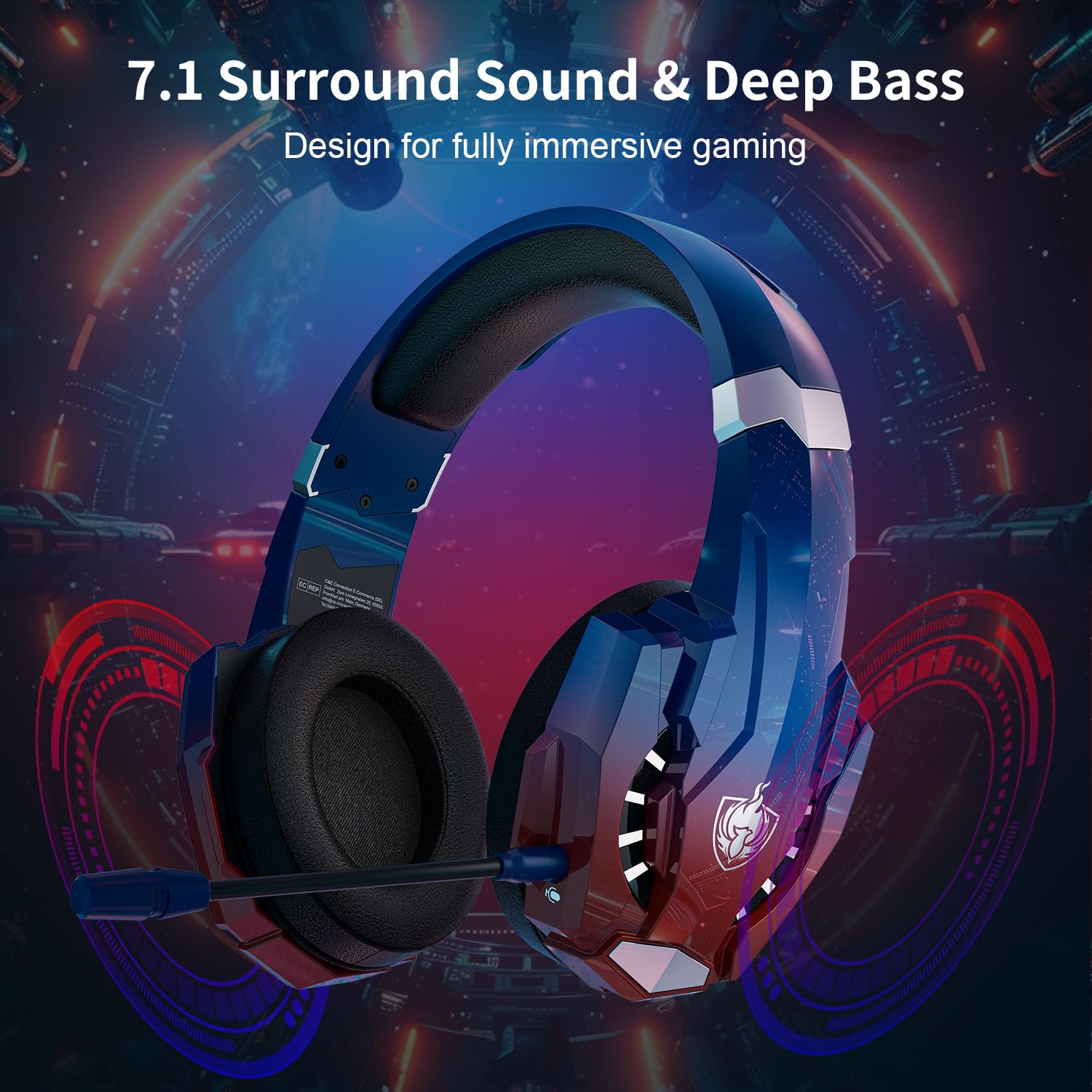 PHOINIKAS 2.4GHz Wireless Gaming Headset for PS5, PS4, PC, Nintendo Switch - Over Ear Headphones with Noise Cancelling Mic, 7.1 Surround Sound, 40+ Hour Battery Life (Dazzle Blue) - Perfect for Competitive Gaming, Streaming & Late-Night Sessions