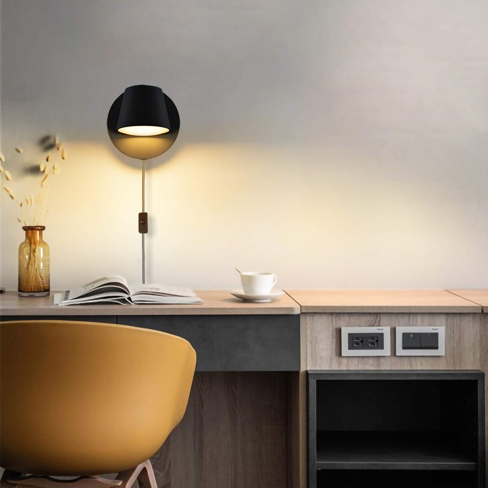 Rotatable Plug-in LED Wall Lamp with Switch - Black Sconce for Bedroom & Living Room | Reading & Ambient Lighting