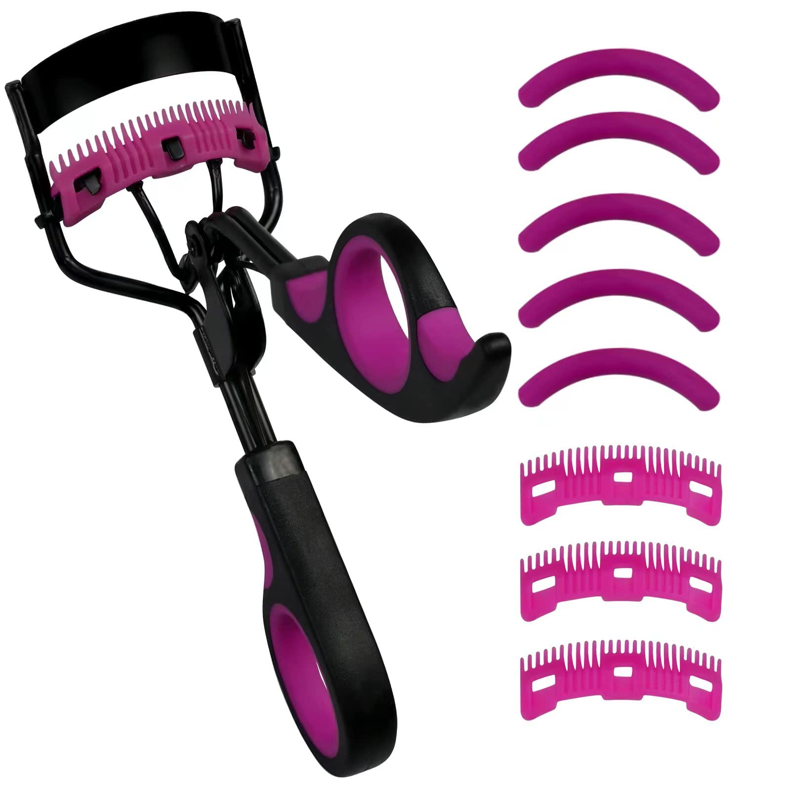 IMMER LIEBEN Eyelash Curler with Comb - Black & Purple Lash Curling Tool with 5 Replacement Pads & 3 Combs - 10 Second Lift for Long, Curled Lashes - Perfect for Daily Makeup & Special Occasions