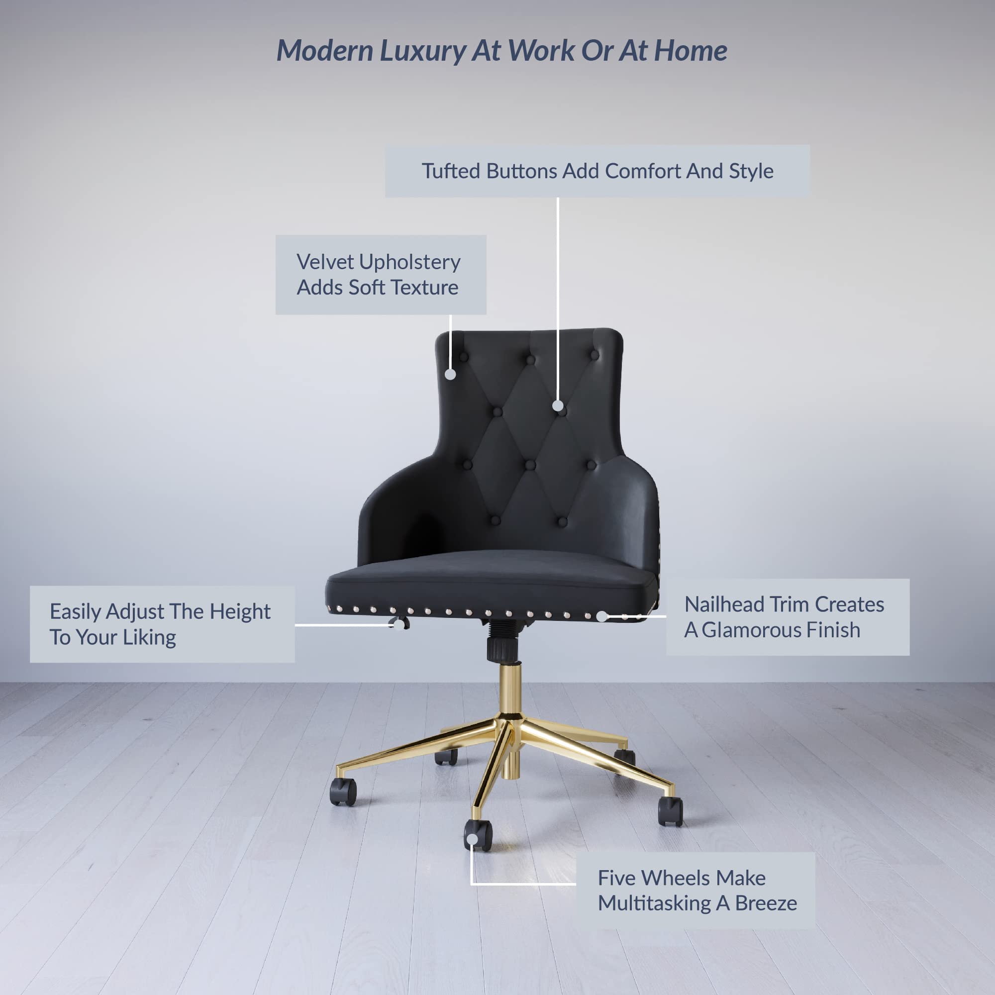 BELLEZE Modern Velvet Desk Chair - Adjustable Height Swivel Office Chair with Tufted Upholstered Seat & Slim Arms - Rolling Wheels for Home Office, Bedroom Vanity or Study Room - Belden (Black) - Perfect for Remote Work, Gaming & Makeup Station