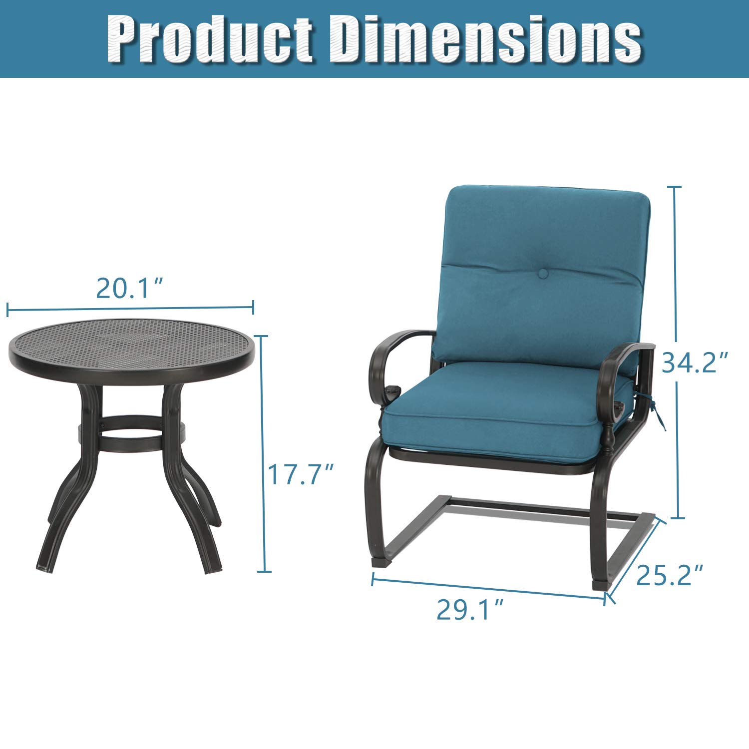 3-Piece Outdoor Bistro Set - Spring Metal Lounge Chairs & Round Table - Wrought Iron Patio Furniture in Blue - Perfect for Garden, Balcony or Poolside Relaxation