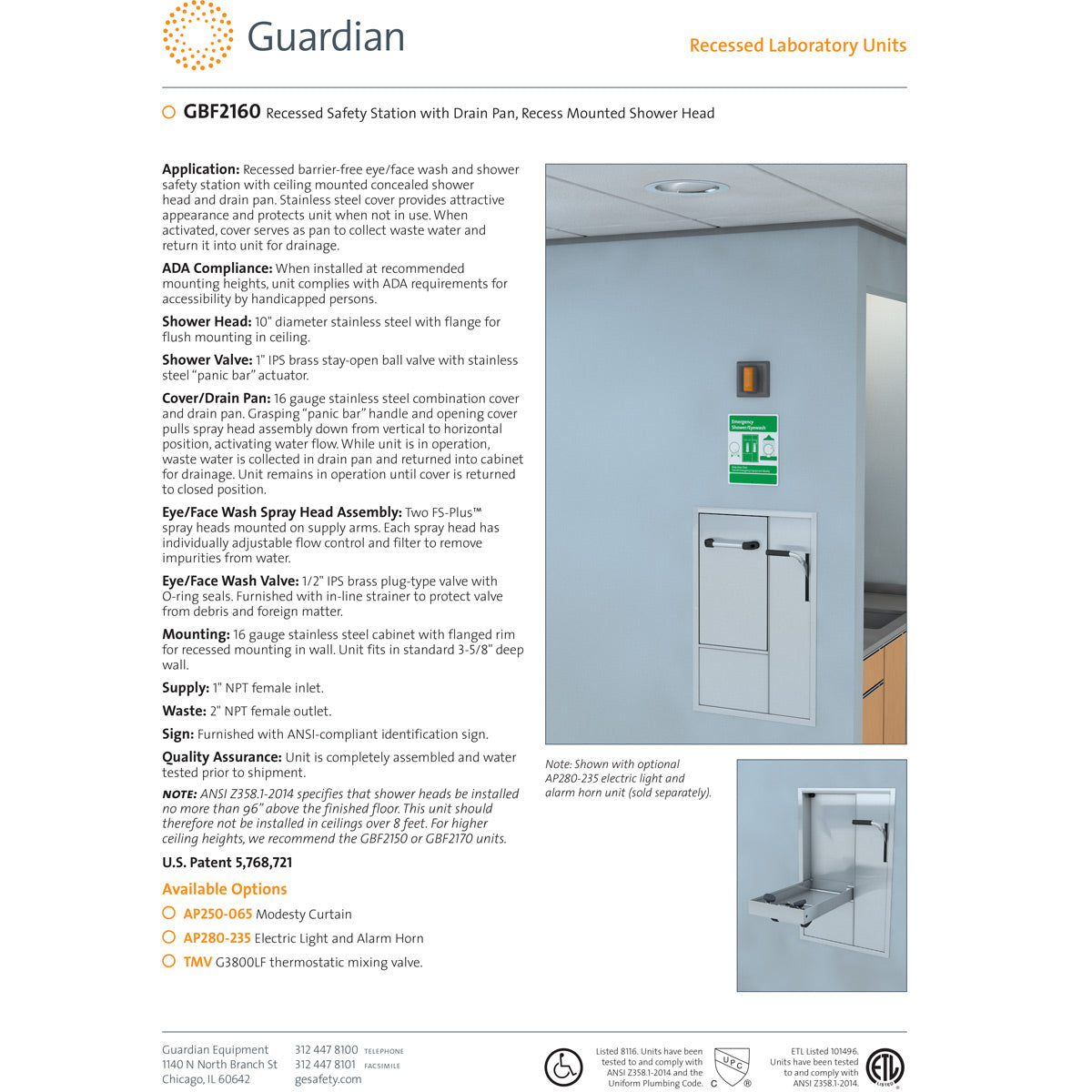 Guardian GBF2160 Recessed Lab Emergency Shower & Eyewash Station - ANSI Compliant Safety Equipment for Chemical Spills & Eye Rinsing in Laboratories, Factories & Industrial Workplaces