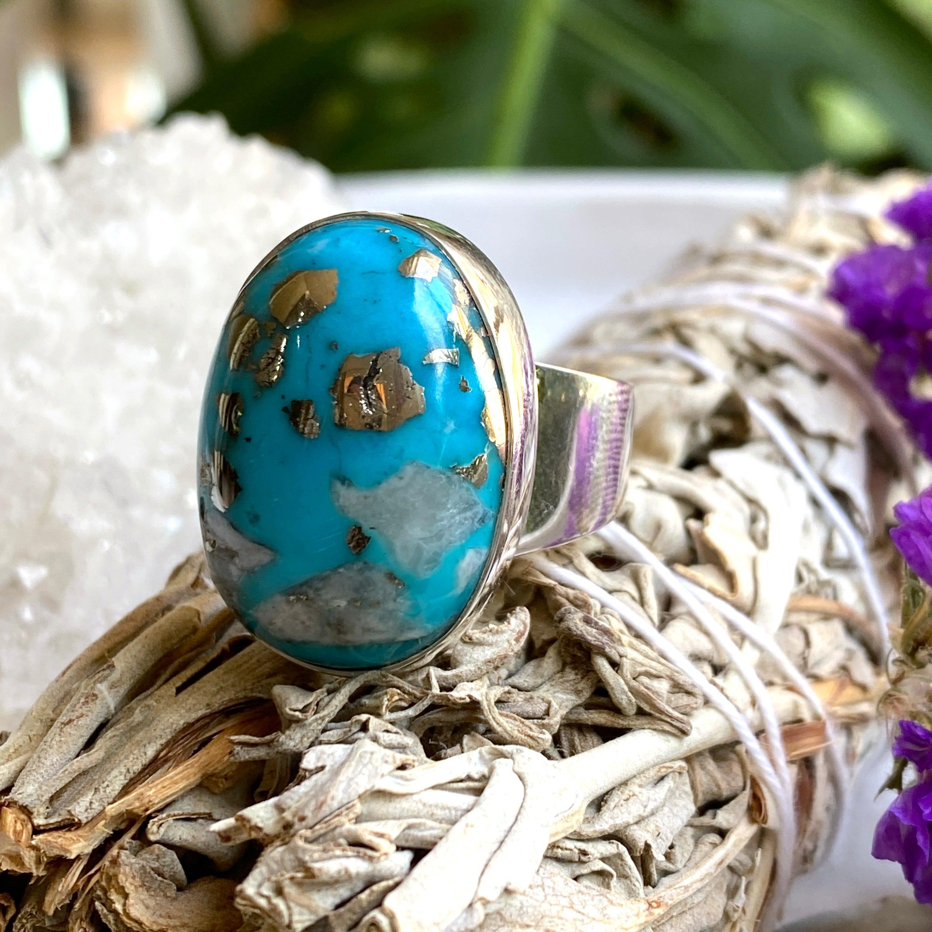 Persian Turquoise with Pyrite Oval Ring - Size 13 - KRGJ2518 - Elegant Jewelry for Women, Perfect for Weddings, Parties & Special Occasions