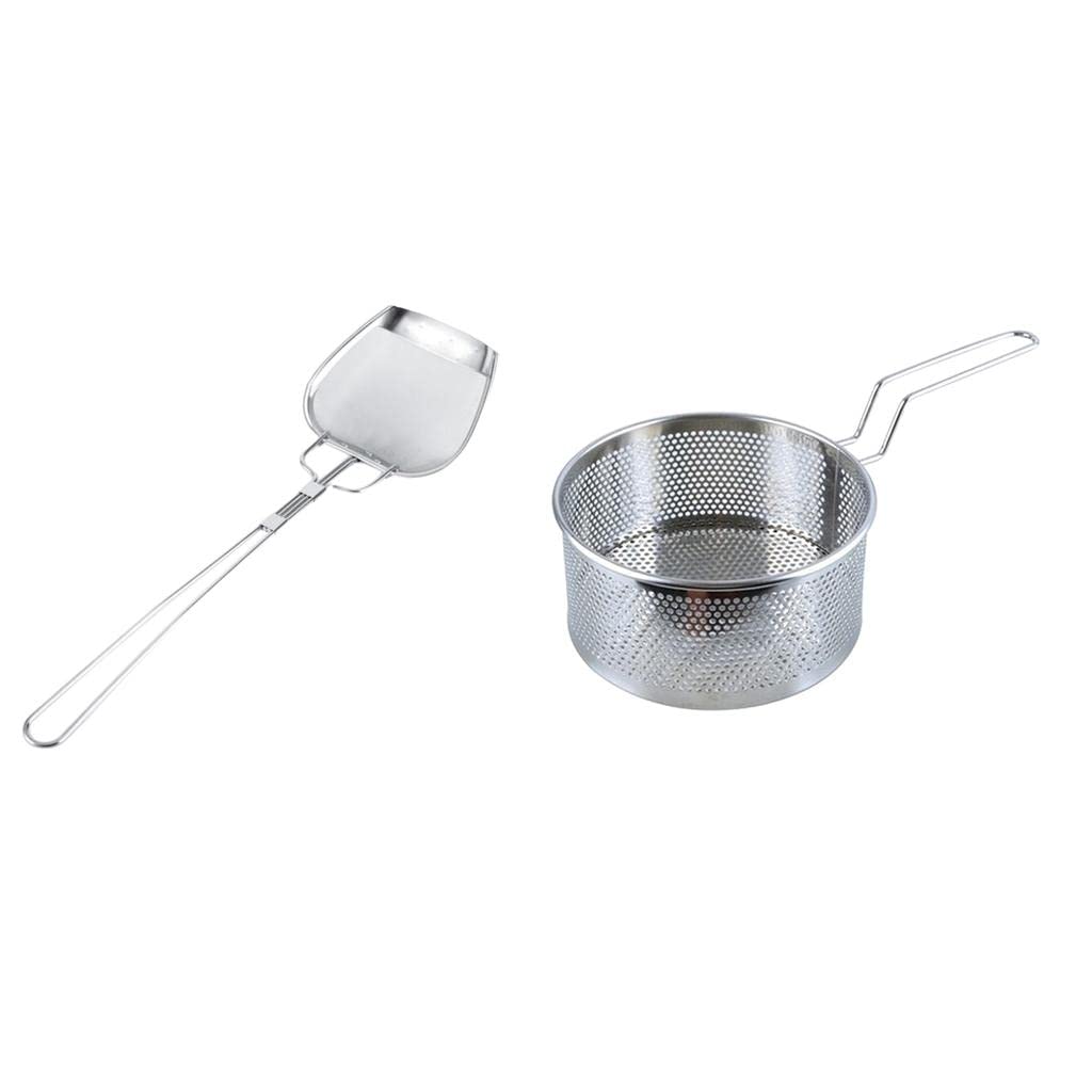 Stainless Steel French Fry Basket with Mesh Strainer & Spoon - Perfect for Deep Frying, Draining Oil, and Serving Snacks at Home or Restaurants