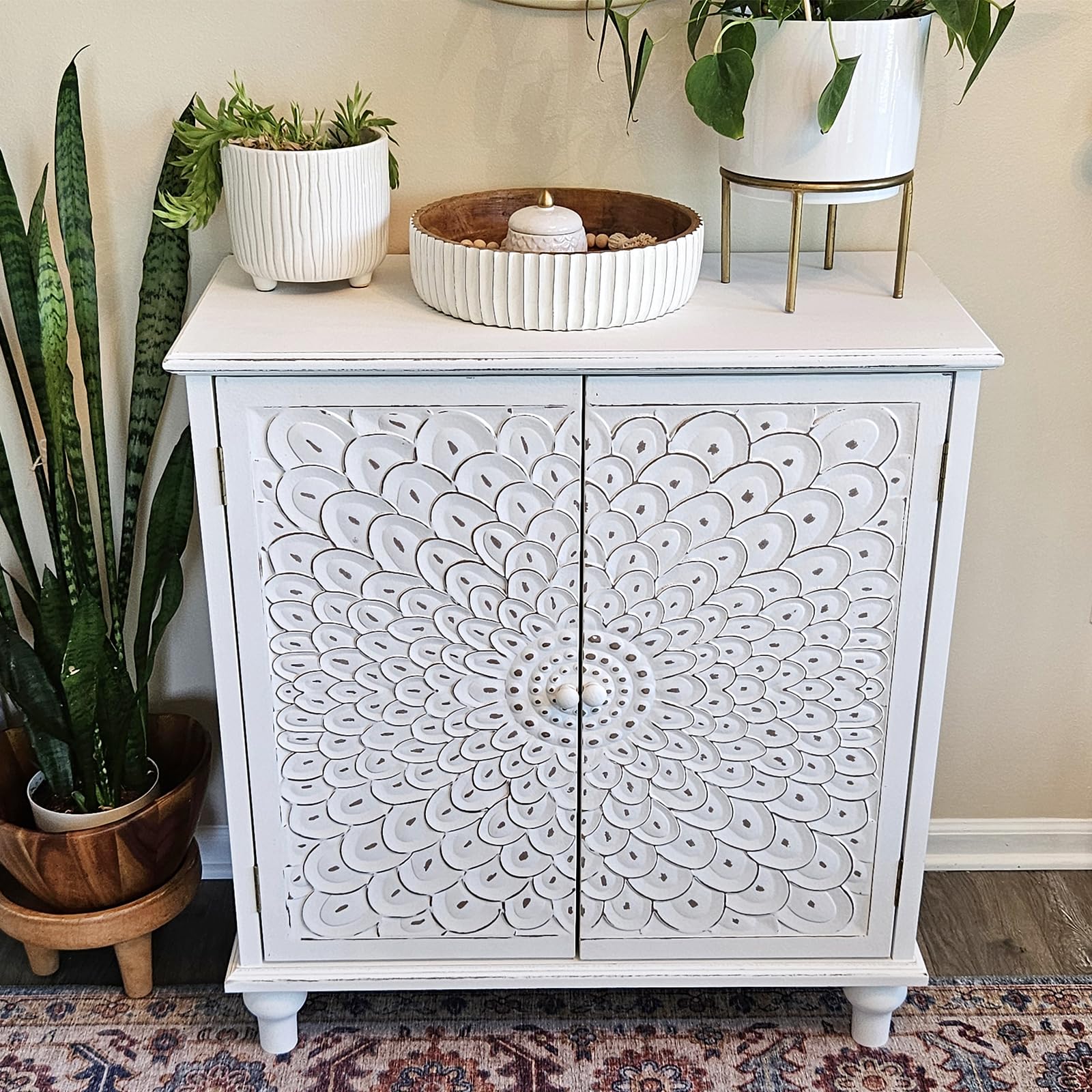 MAISON ARTS White Farmhouse Accent Cabinet - 2 Door Distressed Storage Cabinet with Solid Wood Legs | Entryway Console, Living Room Sideboard, Kitchen Buffet Storage | Feather Pattern Design for Home Decor