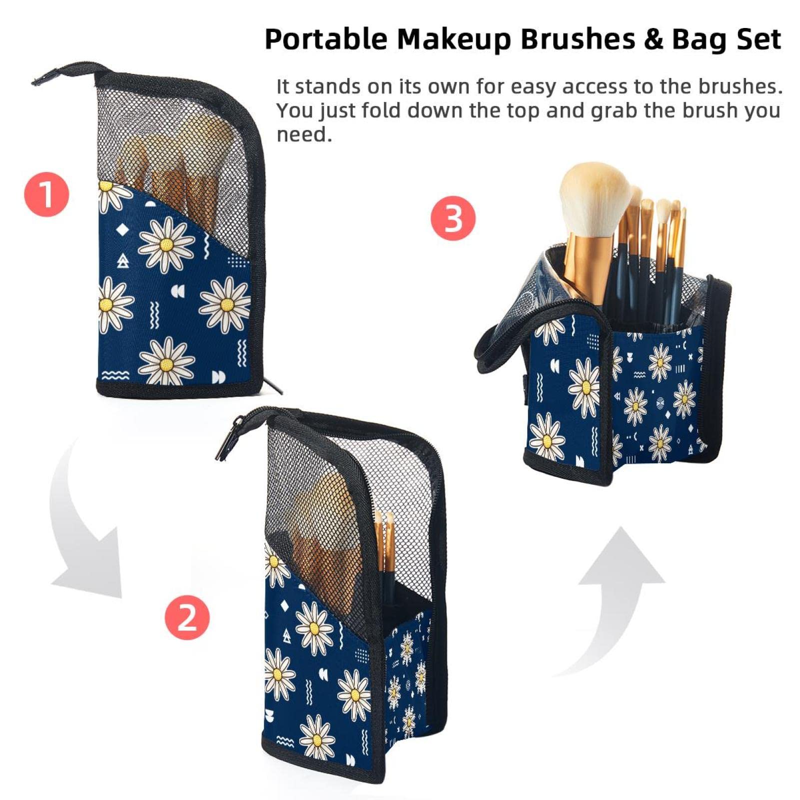 Premium 12-Piece Makeup Brush Organizer Bag - Daisy Blue Seamless Flowers Design, Portable Travel Cosmetic Brush Holder Case for Professional Makeup Artists & Beauty Enthusiasts | Perfect for Home, Travel & Salon Use