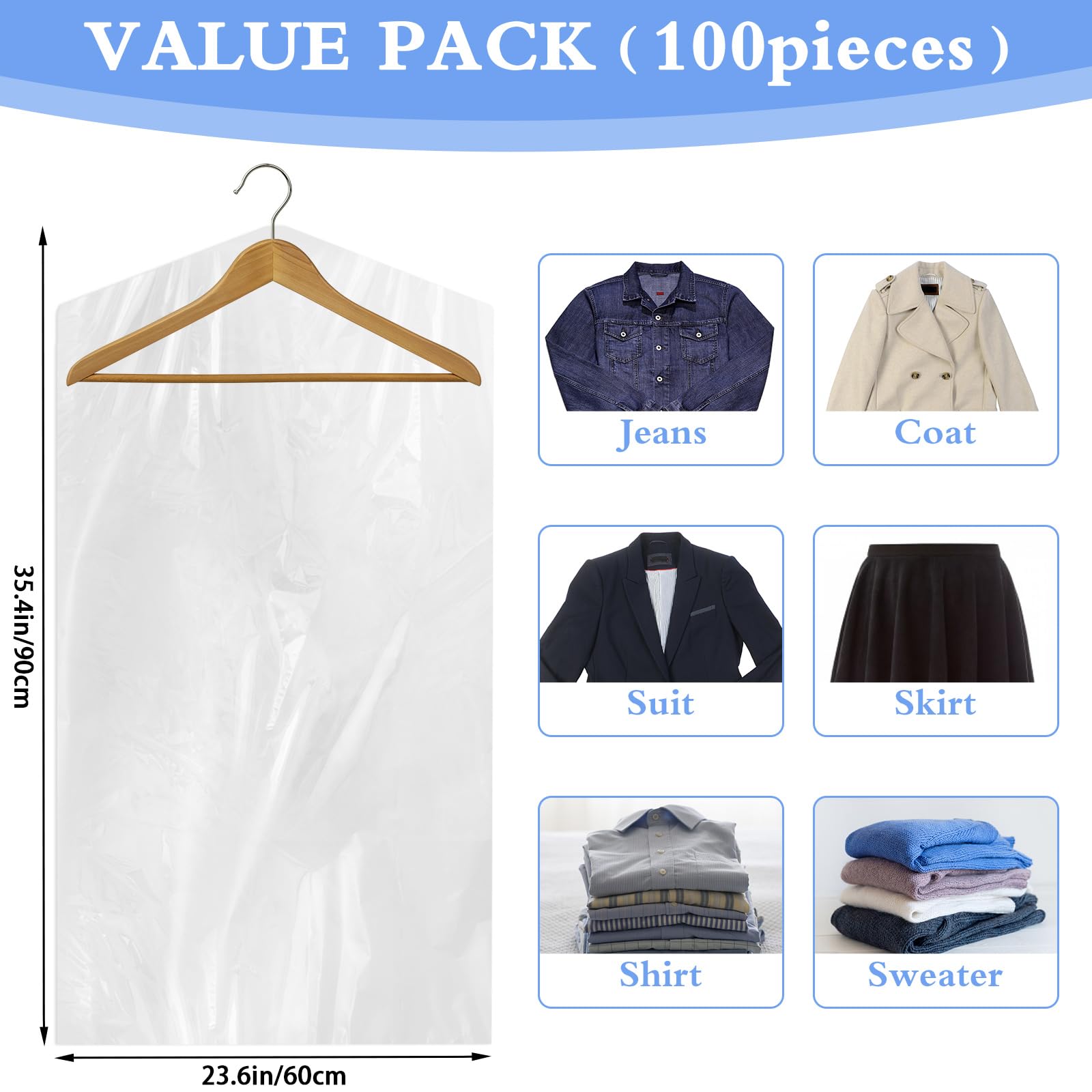 100 Pack Clear Plastic Dry Cleaning Bags for Clothes - 35.4