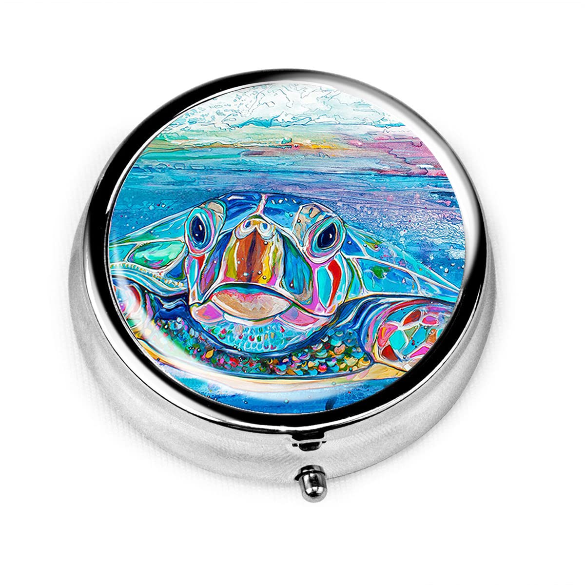 Round Metal Medicine Pill Box - Portable Travel Pill Case with 3 Compartments, Cute Sea Turtle Design - Perfect for Travel, Purse, Daily Medication Organizer & Unique Gift Idea