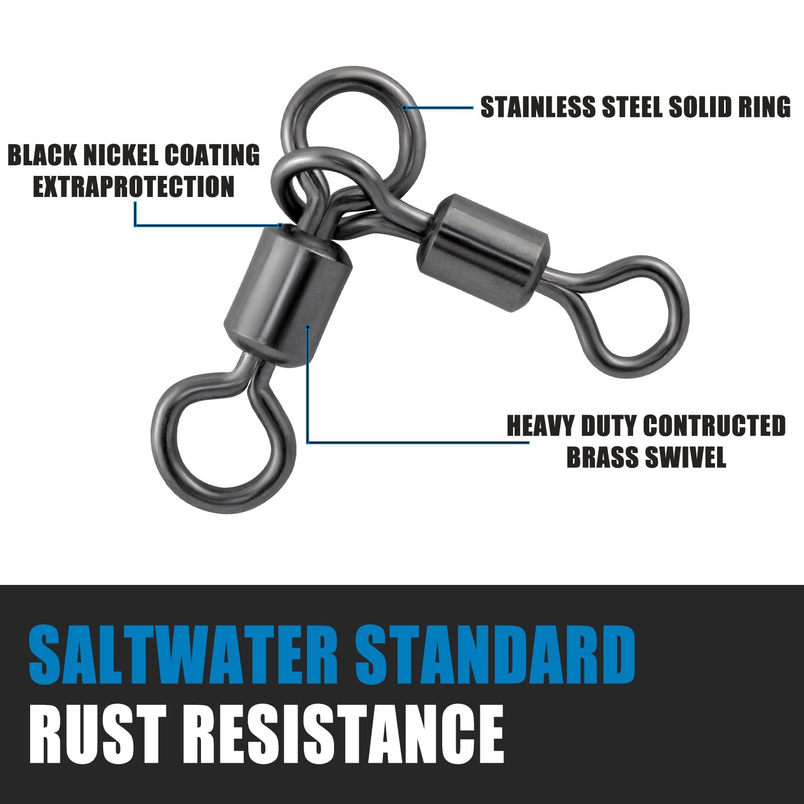 Dr.Fish 30/50 Pack 3-Way Fishing Barrel Swivels - Heavy Duty Catfish & Saltwater Tackle Hook Connectors for Surf Fishing, Trolling Rigs (Freshwater & Saltwater Use) - Perfect for Bass, Trout & Deep Sea Angling