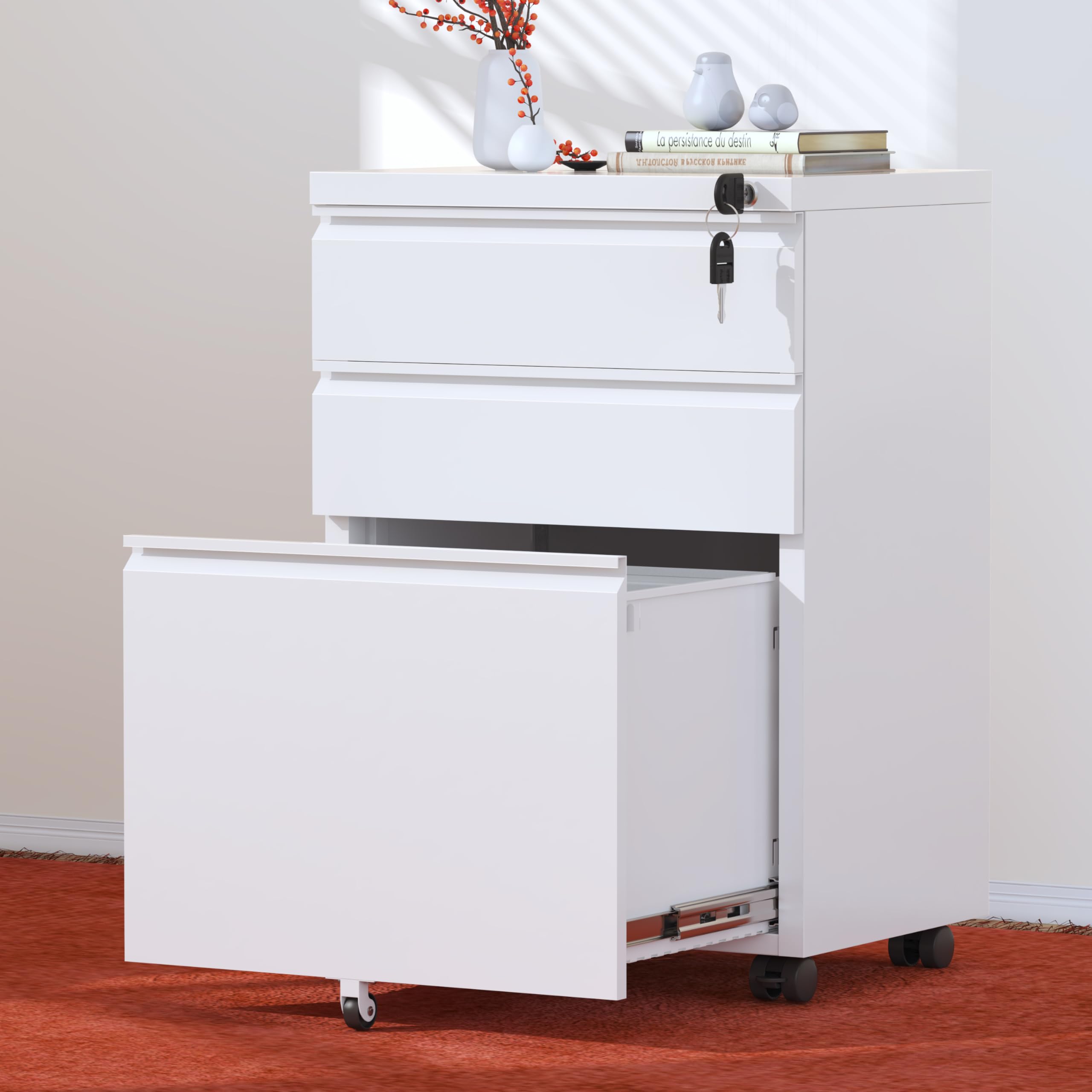 INTERGREAT 3-Drawer Mobile File Cabinet with Lock - Under Desk Metal Filing Cabinet for Home & Office - Rolling File Organizer for Legal/Letter/A4 Documents - White - Perfect for Small Spaces & Office Organization