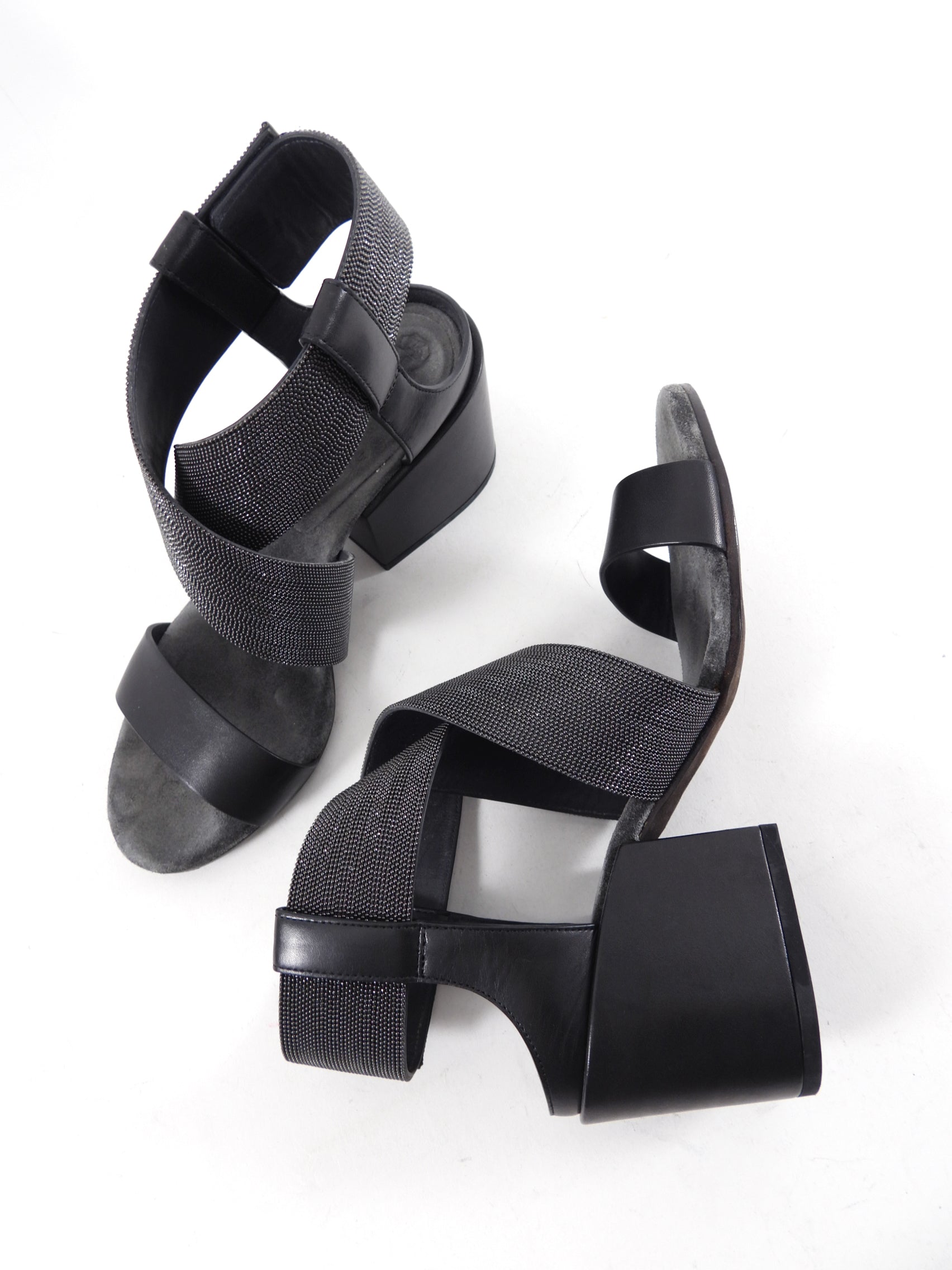 Brunello Cucinelli Grey Leather Block Heel Sandals Women's Size 37 | Luxury Italian Designer Shoes for Women | Perfect for Weddings, Parties & Summer Outfits