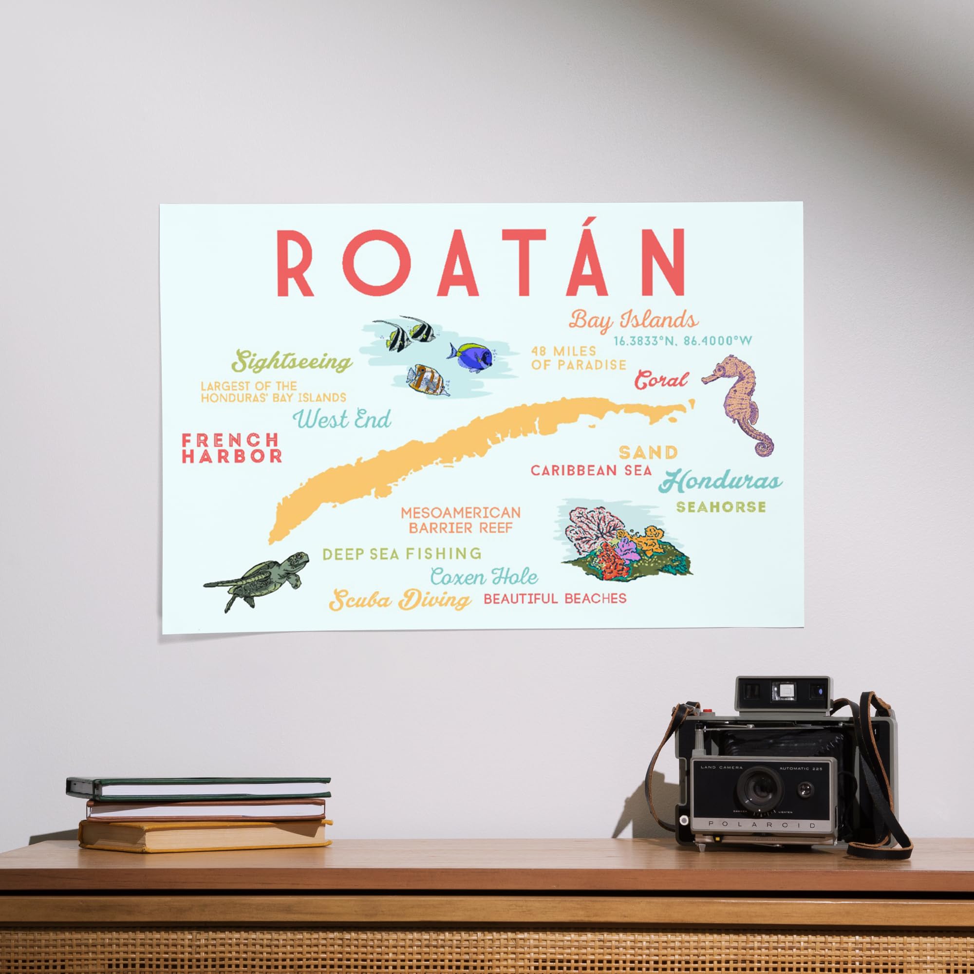 Lantern Press 16x24 Inch Giclee Art Print - Roatan Island Typography & Icon Wall Decor - Perfect for Living Room, Bedroom & Office Decor