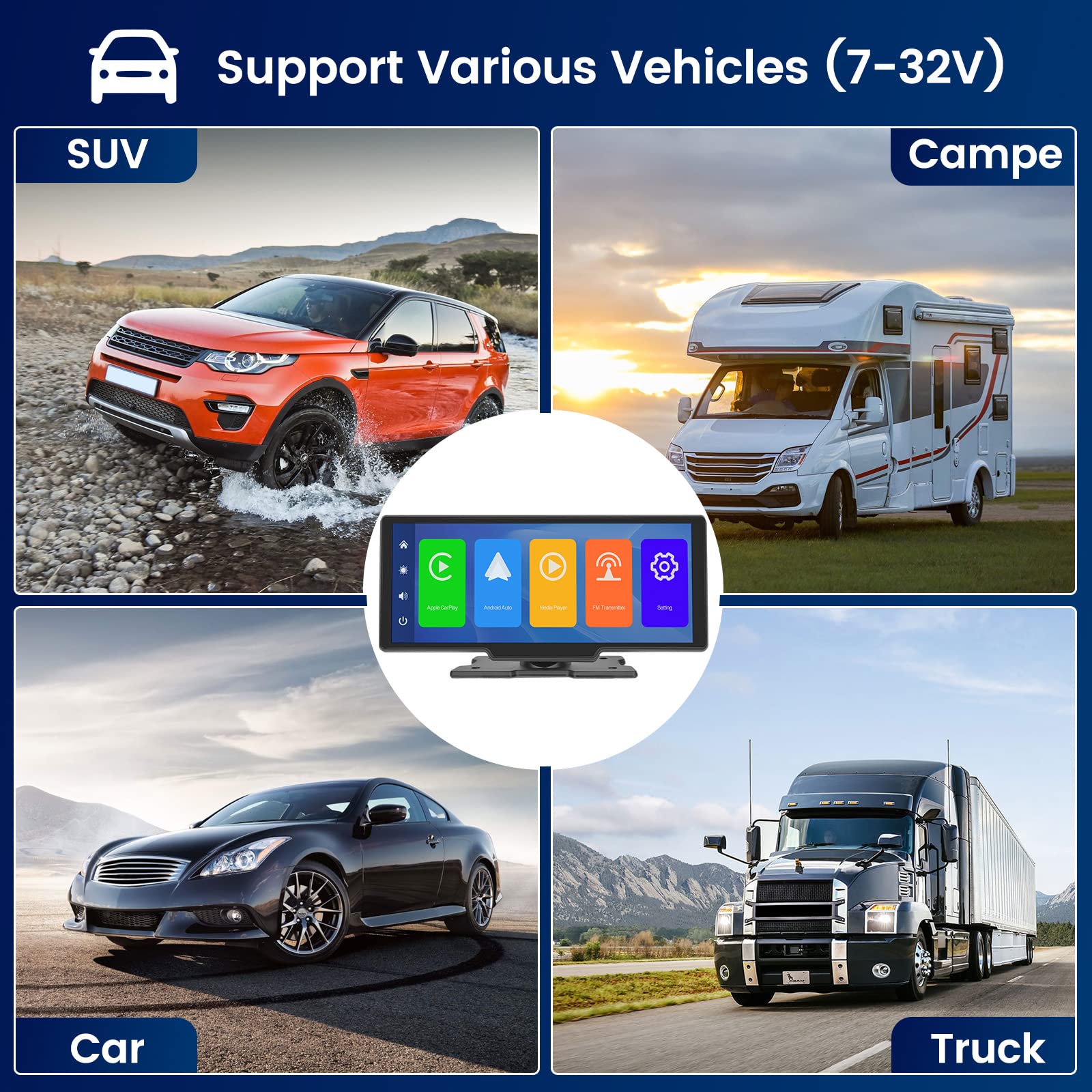 10.3 Inch Portable Wireless CarPlay Android Auto Screen - Hikity Full HD Touchscreen Car Display with Bluetooth, AUX, Voice Control, Reverse Camera & FM Radio | Perfect for GPS Navigation, Hands-Free Calling & Safer Driving