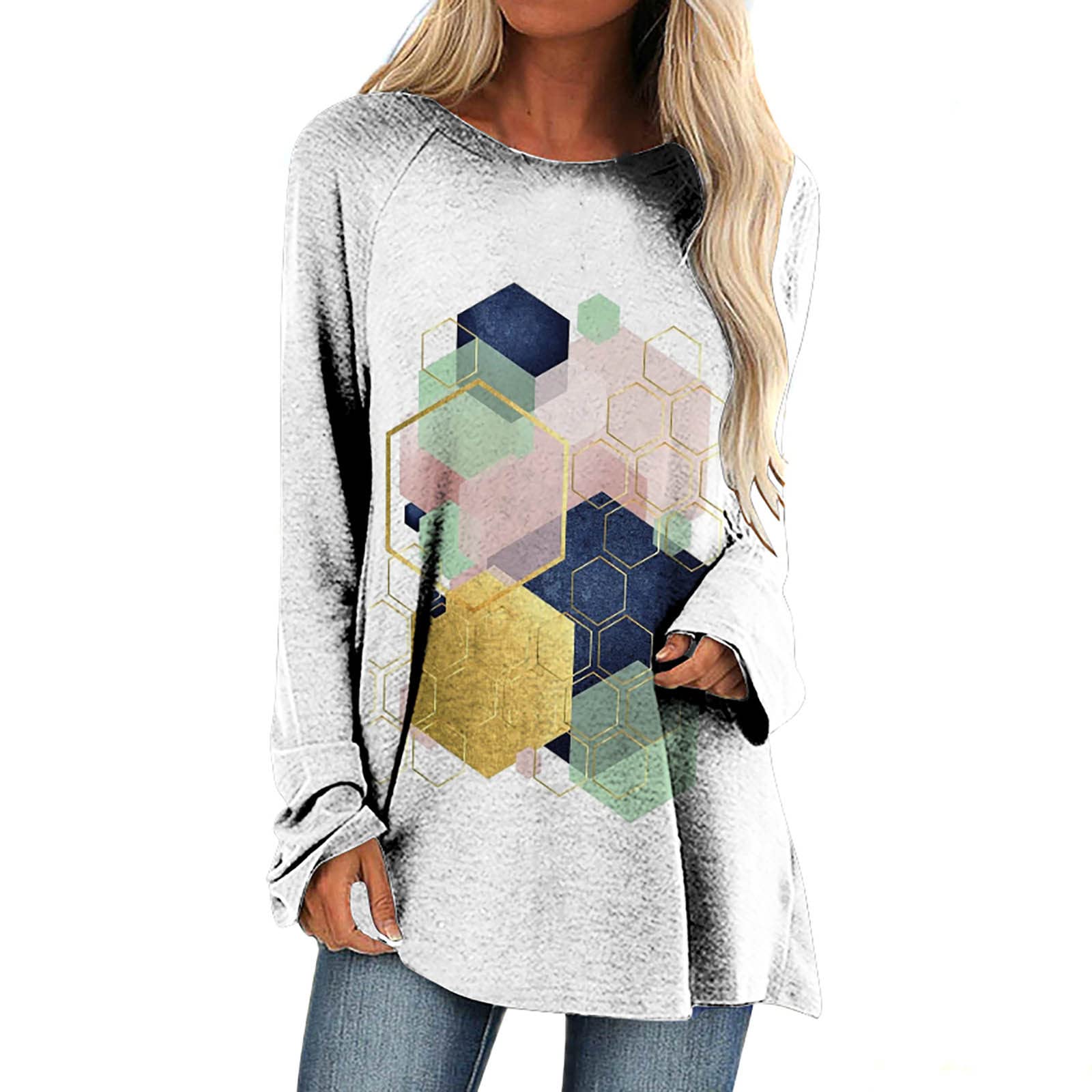 Women's Loose Fit Geometric Color Block Tunic Top - Casual Crew Neck Long Sleeve Blouse for Work, Party & Everyday Wear