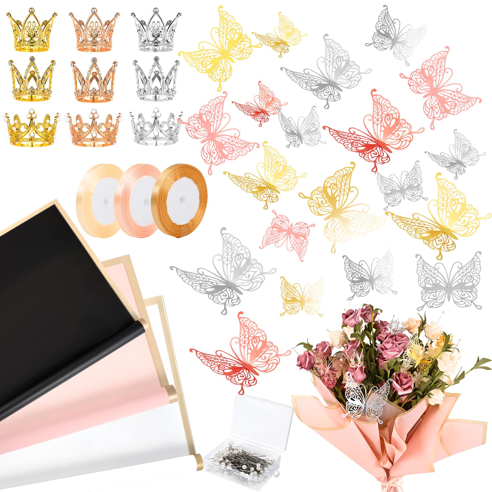241 Pcs Waterproof Flower Bouquet Wrapping Paper Set with 3D Butterflies & Crown Ribbons - DIY Floral Arrangement Supplies for Weddings, Birthdays, Florist Crafts | Perfect for Gift Wrapping, Party Decorations & Handmade Bouquets
