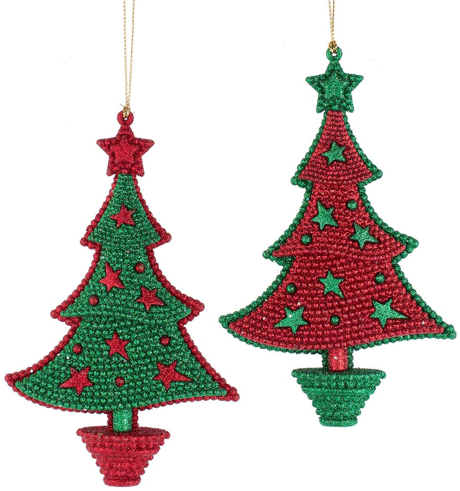 5.5 Inch Glittered Red and Green Christmas Tree Ornament - Festive Holiday Decor for Xmas Tree, Home, Party & Gifts
