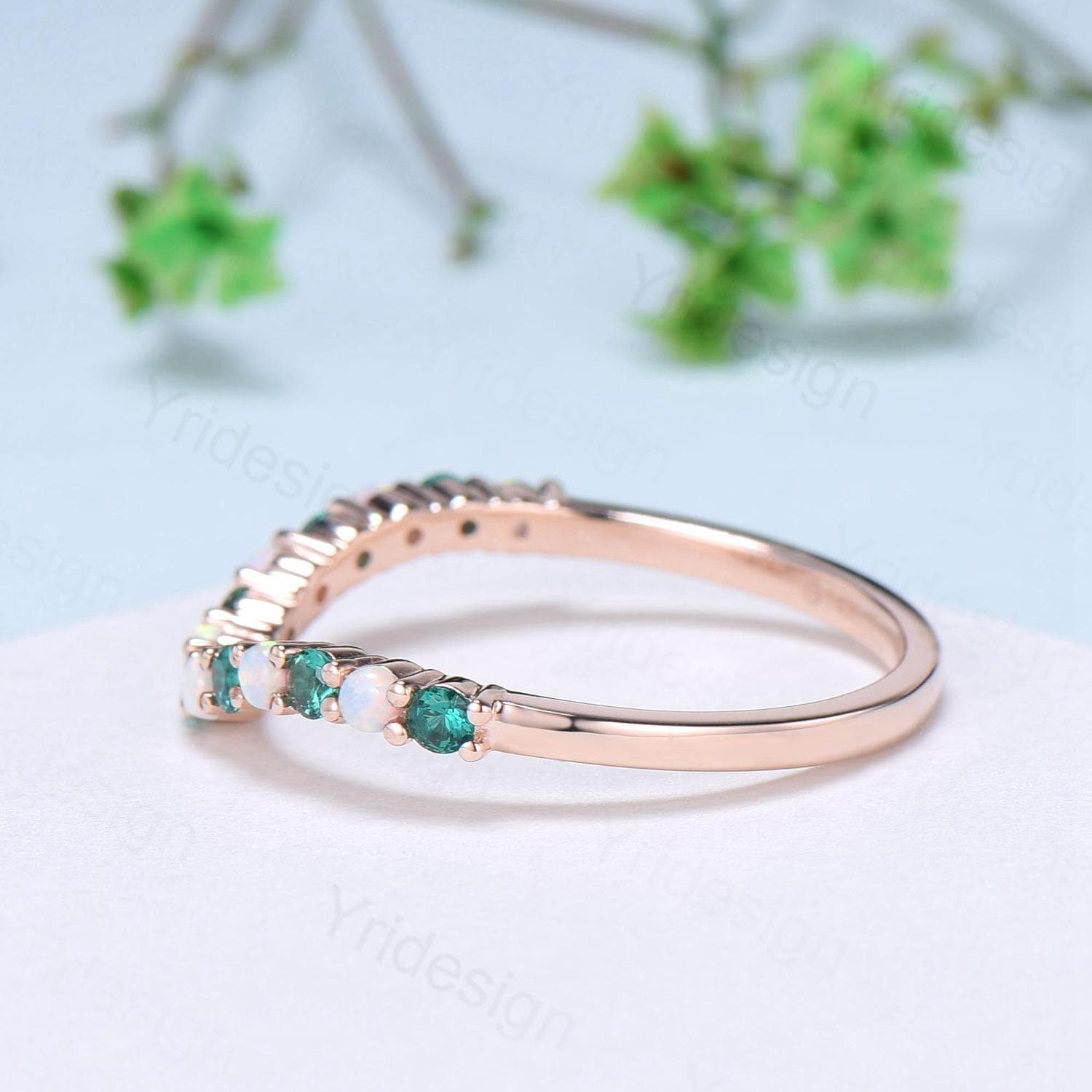 Curved Opal Wedding Ring - Half Eternity Opal & Emerald Wedding Band in Sterling Silver or 14K Rose Gold - Hexagon Cut Stacking Anniversary Ring for Women - Perfect for Bridal Sets, Engagement, and Everyday Wear