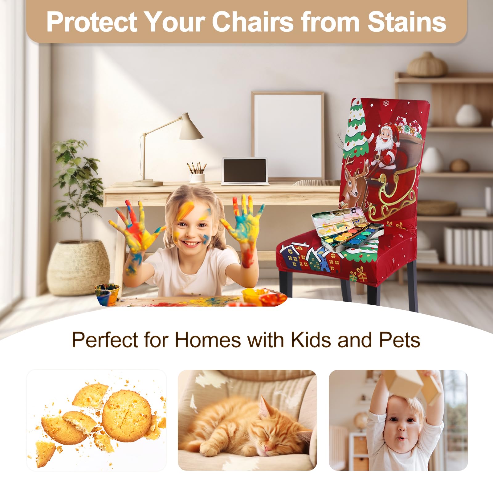 Stretchable Christmas Dining Chair Covers Set of 4 - Washable Spandex Xmas Parsons Chair Slipcovers with Santa & Deer Print for Holiday Decorations, Kitchen & Party Use - Perfect for Christmas Dinner, Family Gatherings & Festive Home Decor