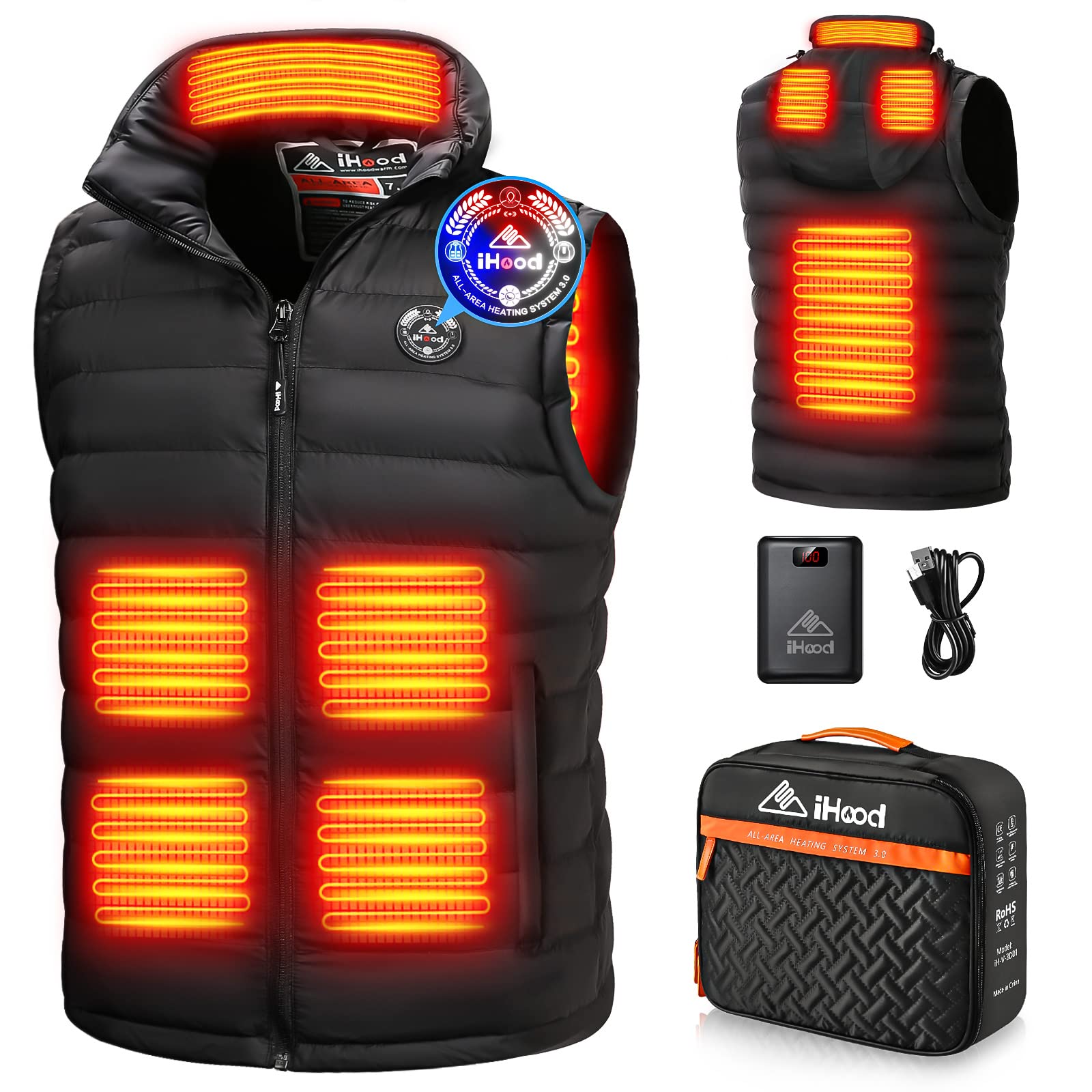 iHood Men's Heated Vest with Battery Pack - Rechargeable Electric Warming Jacket with Retractable Heated Hood, Machine Washable Winter Coat for Outdoor Activities, Hunting, Skiing & Cold Weather