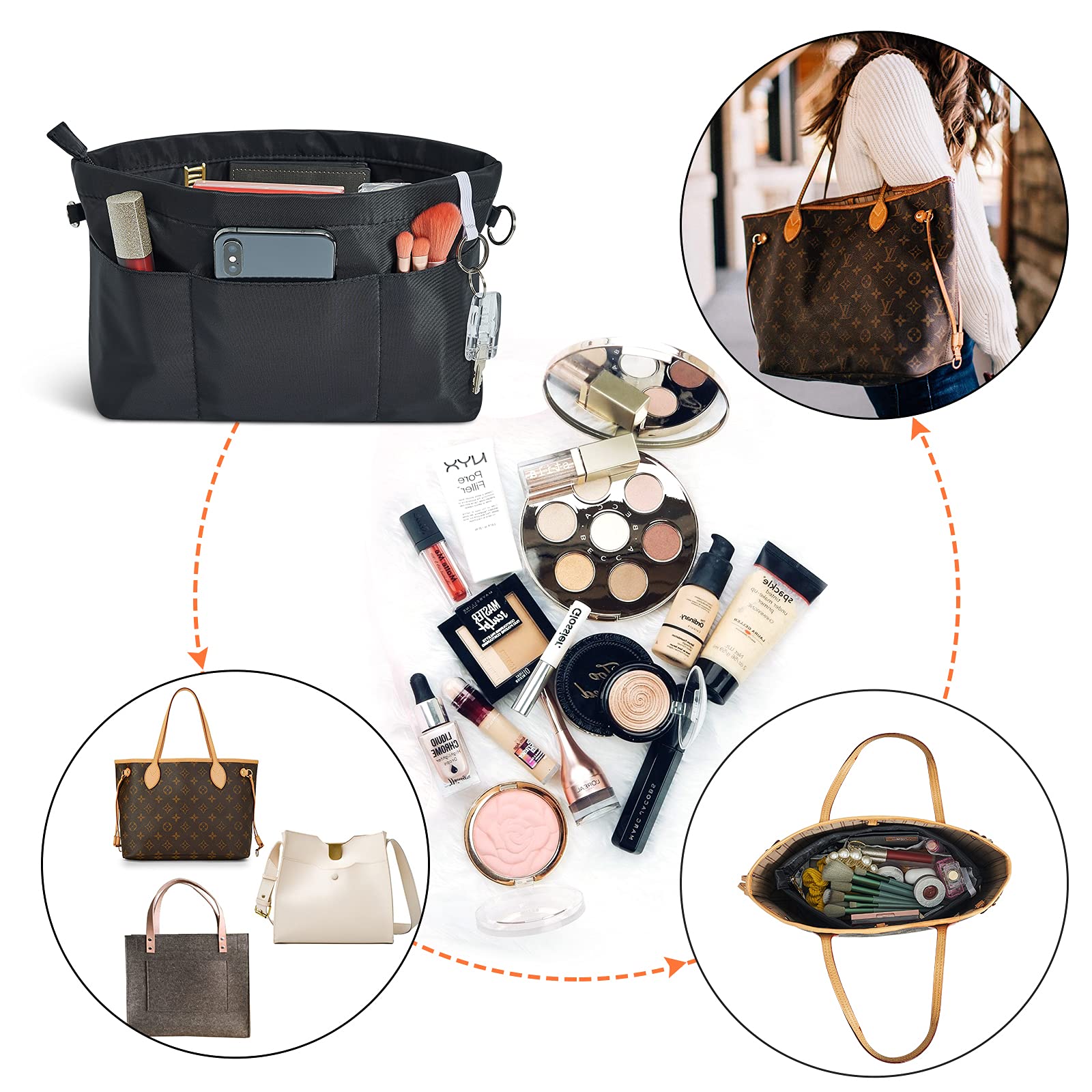 Vercord Premium Nylon Handbag Organizer Insert - 13 Zippered Pockets, 5 Size Options for Tote Bags | Perfect for Travel, Work & Daily Organization