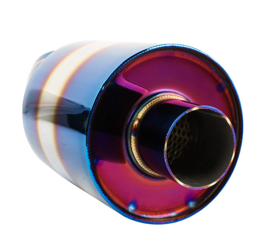 Universal Racing Car Exhaust Muffler - Blue Burnt Tip Round Canister for Enhanced Sport Sound | High-Performance Auto Upgrade for Track & Street Racing