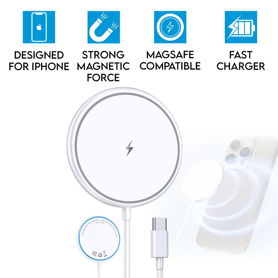 15W Magnetic Wireless Charging Pad for iPhone 12/13/14 & AirPods - Fast Qi Wireless Charger with MagSafe Compatibility - Perfect for Home, Office & Car Use (Black)