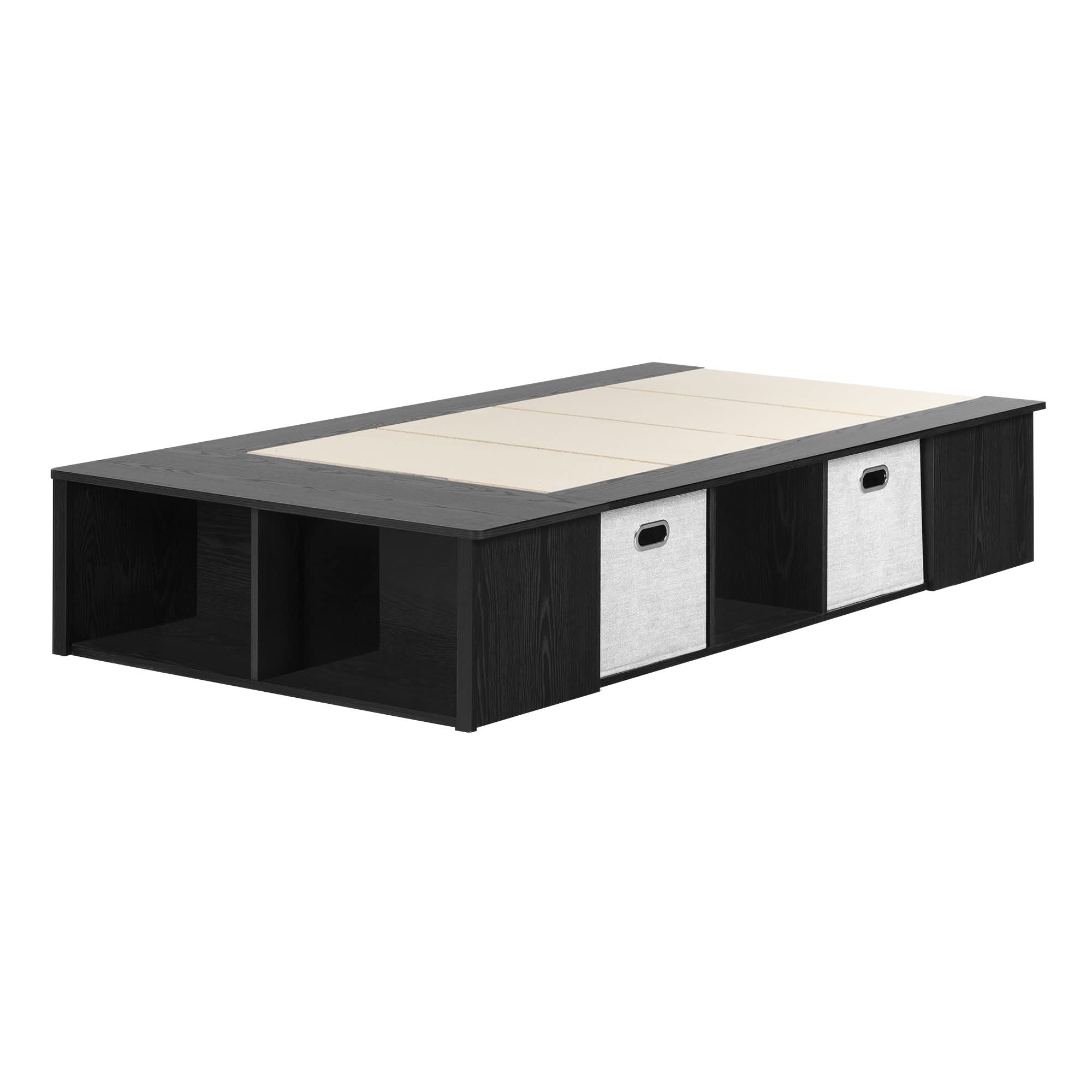 South Shore Flexible Twin Bed Frame with Storage Baskets, Modern Platform Bed in Black Oak & Taupe - Perfect for Small Bedrooms, Kids' Rooms & Guest Rooms