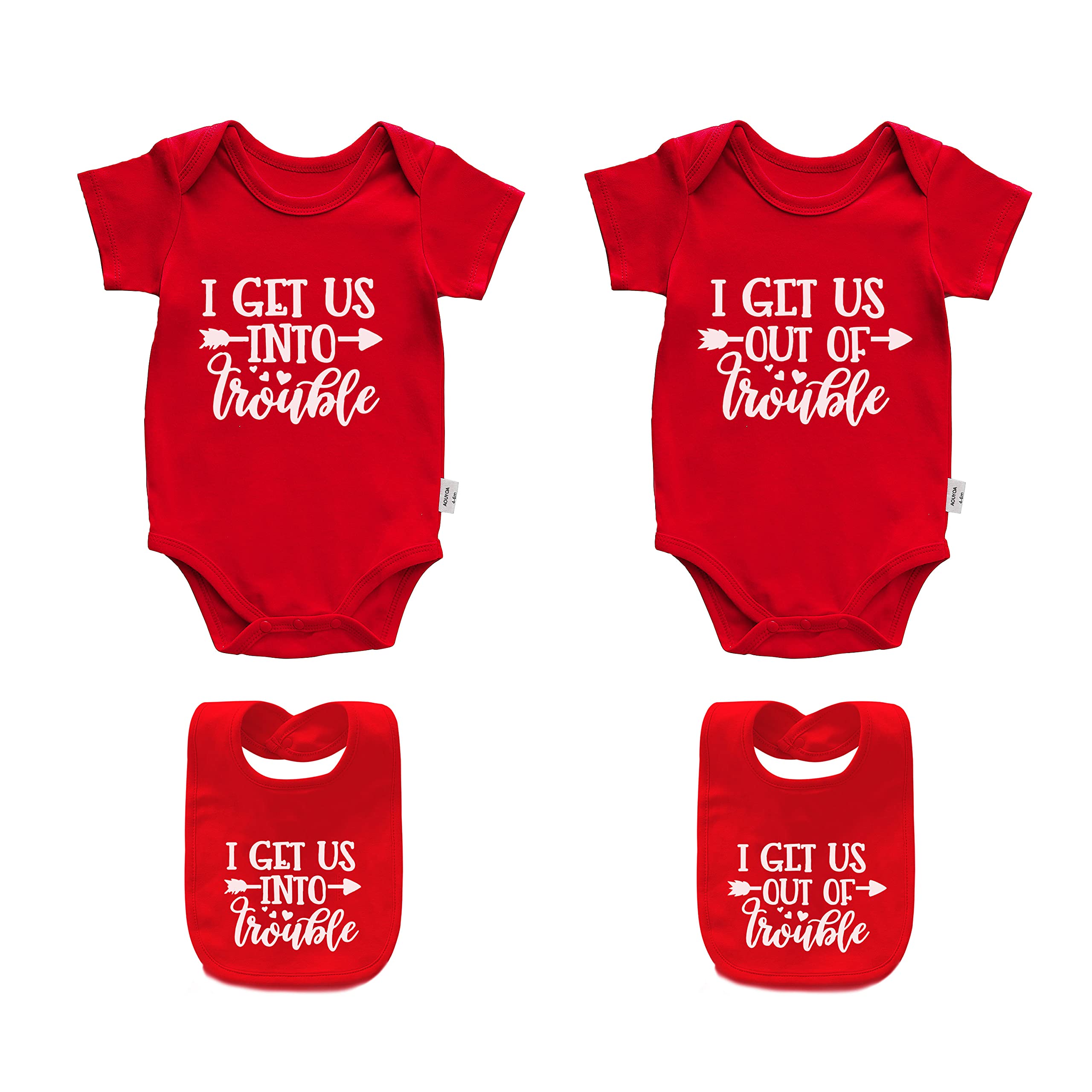 Adorable Twins Baby Bodysuit Set - Matching 'I Get Us Into/Out of Trouble' Outfits for Newborns | Perfect for Twin Photo Shoots, Family Matching Outfits & Special Occasions
