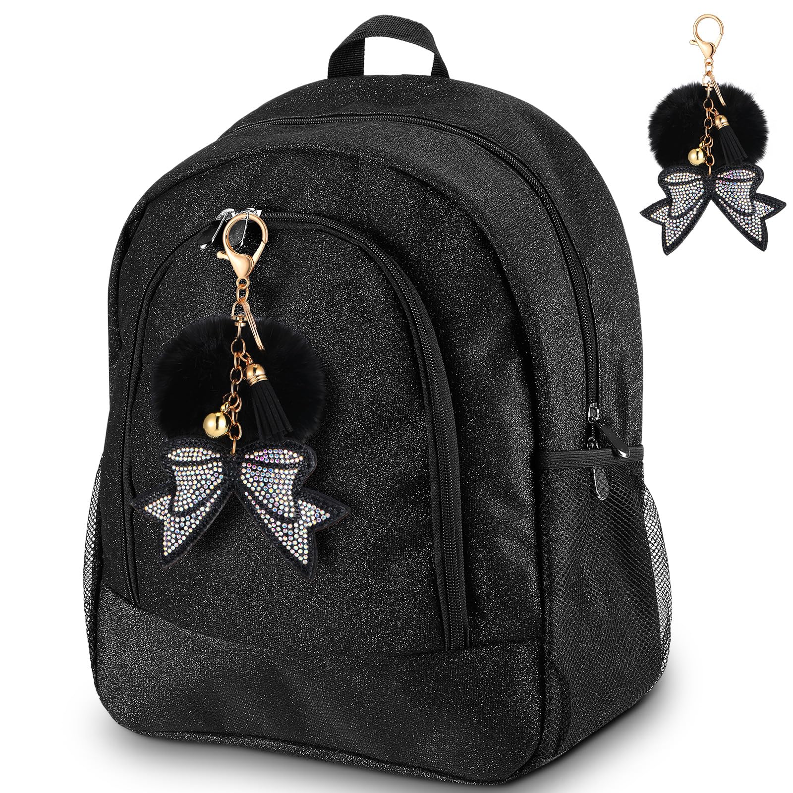 Cheer Backpack with Bow Keychain - Glitter Cheerleading Bag for Sports & Gifts (Black, Small) - Perfect for Games & Practice