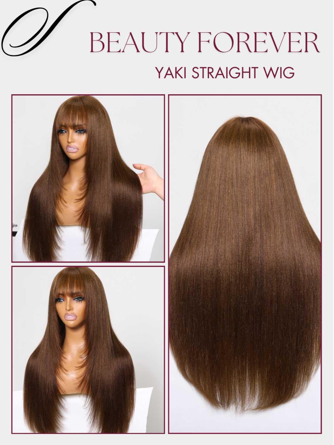 Beauty Forever Chocolate Brown Yaki Straight Human Hair Wig with Bangs - 24 Inch Glueless HD Lace Front Wig #4 Dark Brown | 150% Density, Layered Cut, Ready to Wear & Beginner Friendly | Perfect for Daily Wear, Cosplay, and Special Occasions