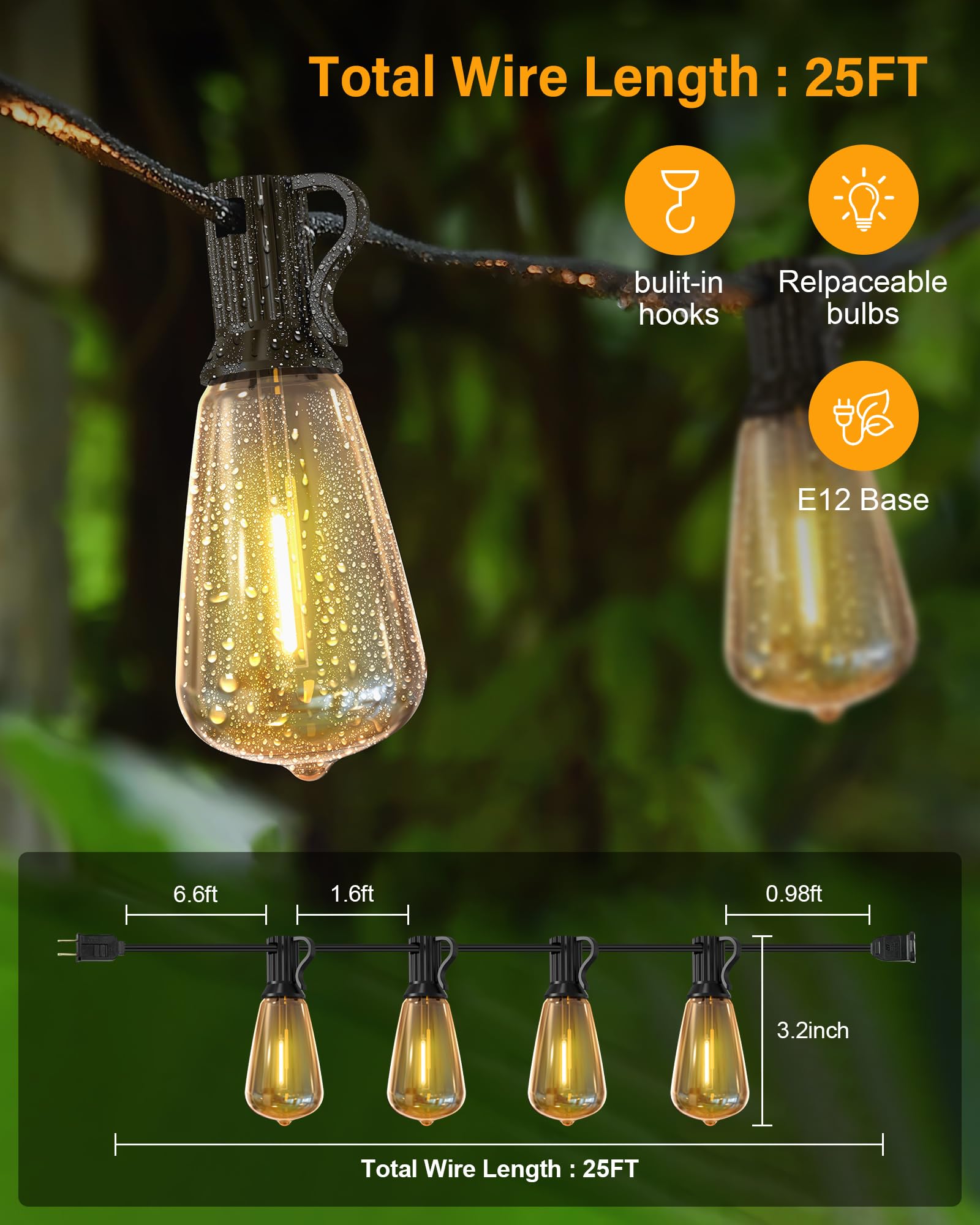 25FT Waterproof Outdoor String Lights with 13 ST38 Edison Bulbs - Black Weatherproof Patio Lights for Porch, Balcony, Backyard, Garden - 2700K Warm White LED Hanging Lights for Romantic Ambiance, Wedding Decor & Outdoor Dining