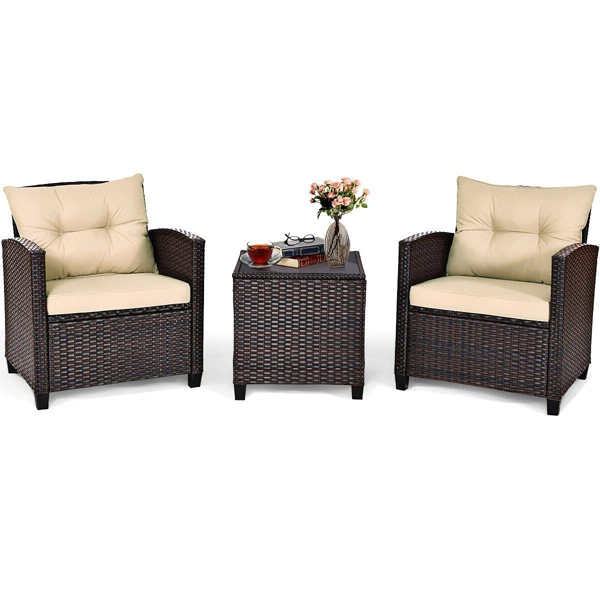 Beige 3-Piece Outdoor Patio Furniture Set with 2 Rattan Chairs & 1 Tempered Glass Coffee Table - Soft Cushions Included - Perfect for Backyard, Deck, Balcony, Poolside & Outdoor Living Spaces