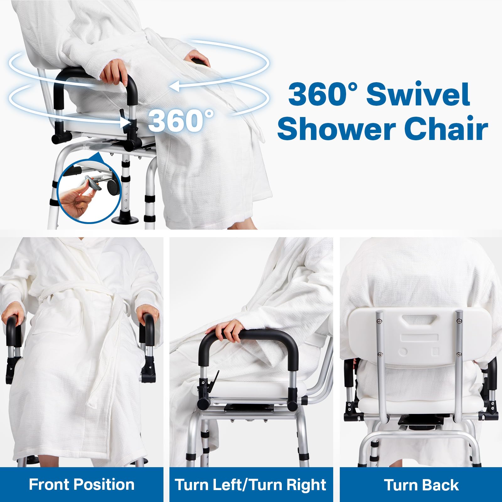 Eosprim 360° Swivel Shower Chair for Elderly & Disabled - Heavy Duty Bathtub Transfer Bench with Arms & Back Support - Non-Slip Bath Seat for Seniors & Handicap - Perfect for Safe Showering & Bathing (Black, Large)