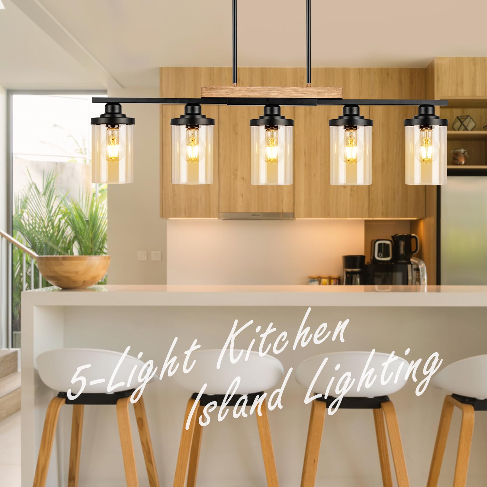 5-Light Farmhouse Kitchen Island Pendant Lighting - Adjustable Height Modern Black Chandelier for Dining Room, Table & Sloped Ceiling | Perfect for Rustic Kitchens, Open Concept Dining Areas & Farmhouse-Style Homes