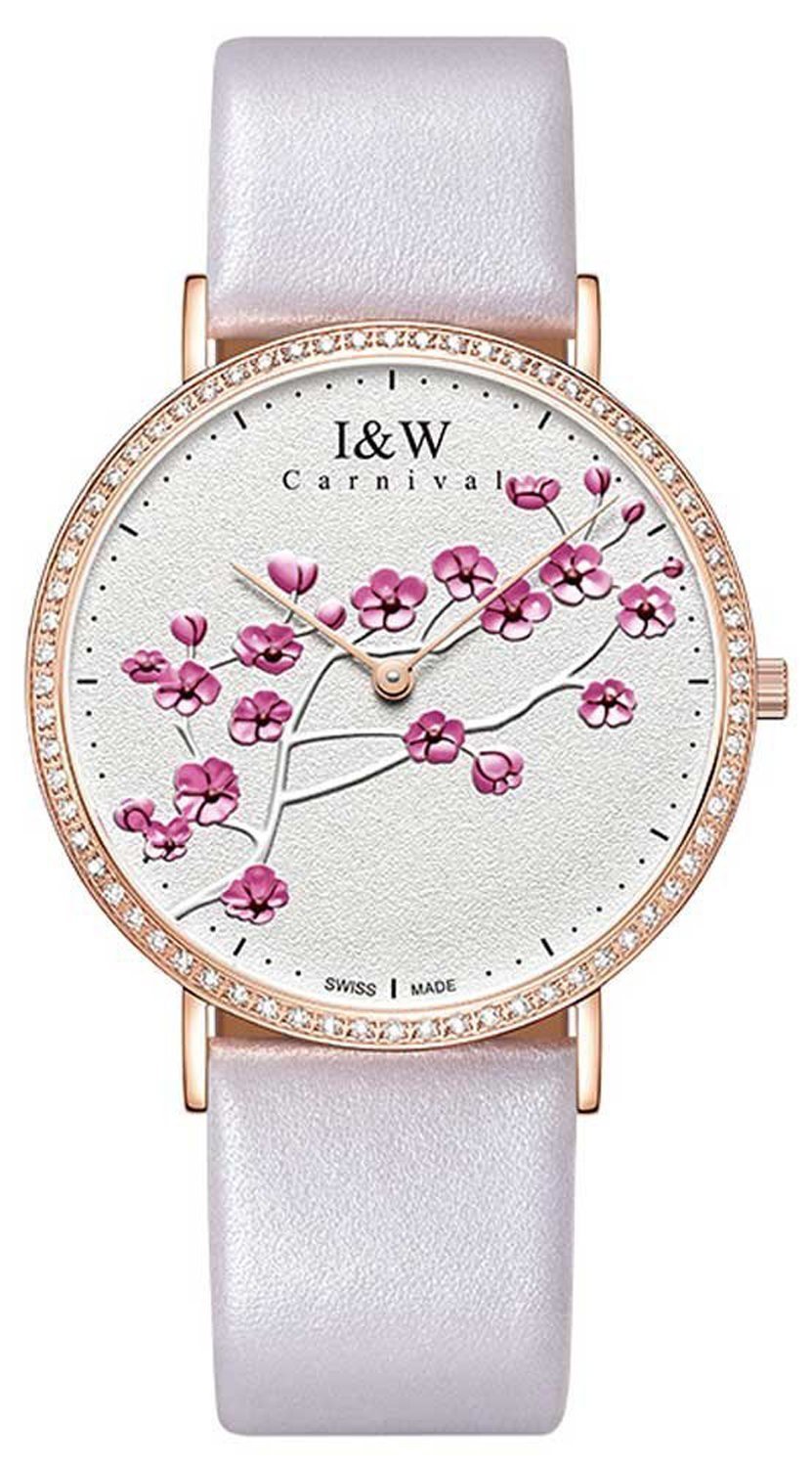 MASTOP Women's Ultra Thin Quartz Watch - Luxury Leather Strap, Large White Dial with Plum Floral Pattern - Elegant Dress Watch for Office, Party & Everyday Wear