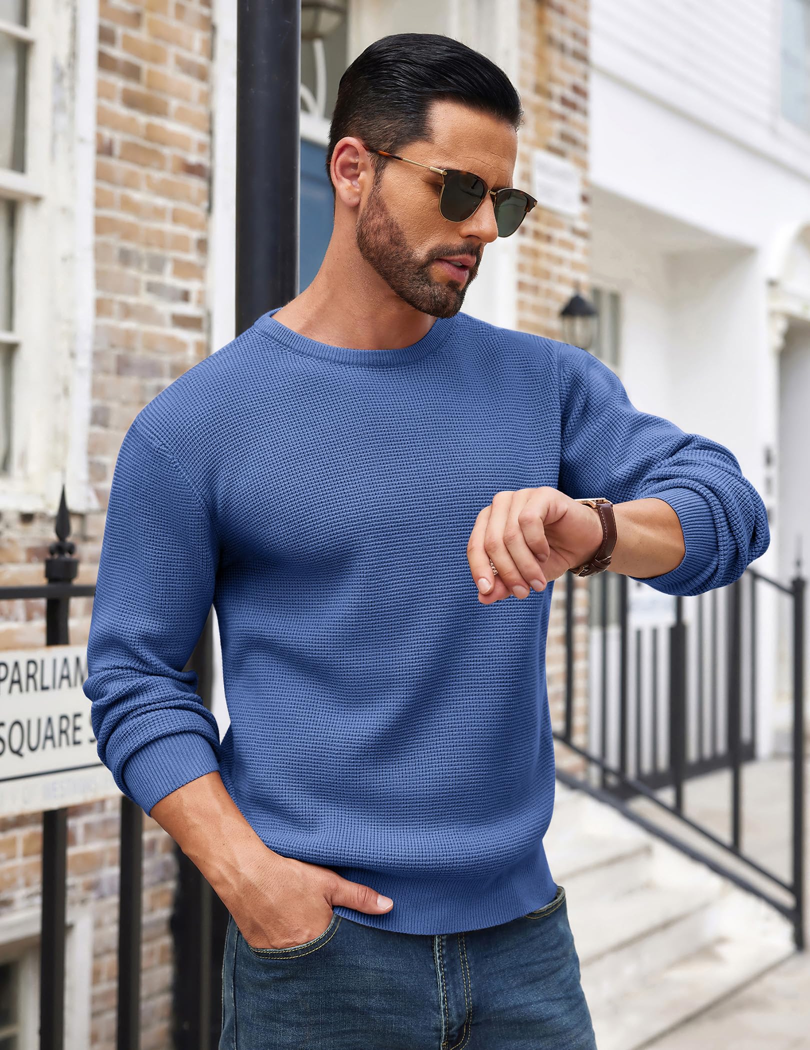 COOFANDY Men's Waffle Knit Crewneck Sweater - Soft Midweight Pullover for Men, Casual Winter Warm Textured Sweater | Perfect for Office, Date Night & Fall Layering
