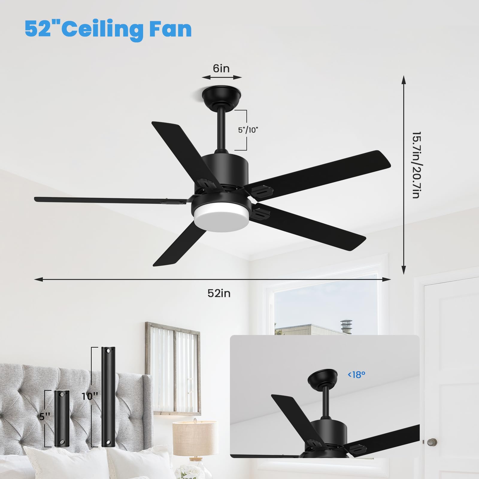 52 Inch Black Ceiling Fan with Lights - Smart Remote & APP Control, Modern Outdoor Ceiling Fan for Patio, Bedroom, Living Room - Perfect for Cooling & Decorating Your Home Spaces