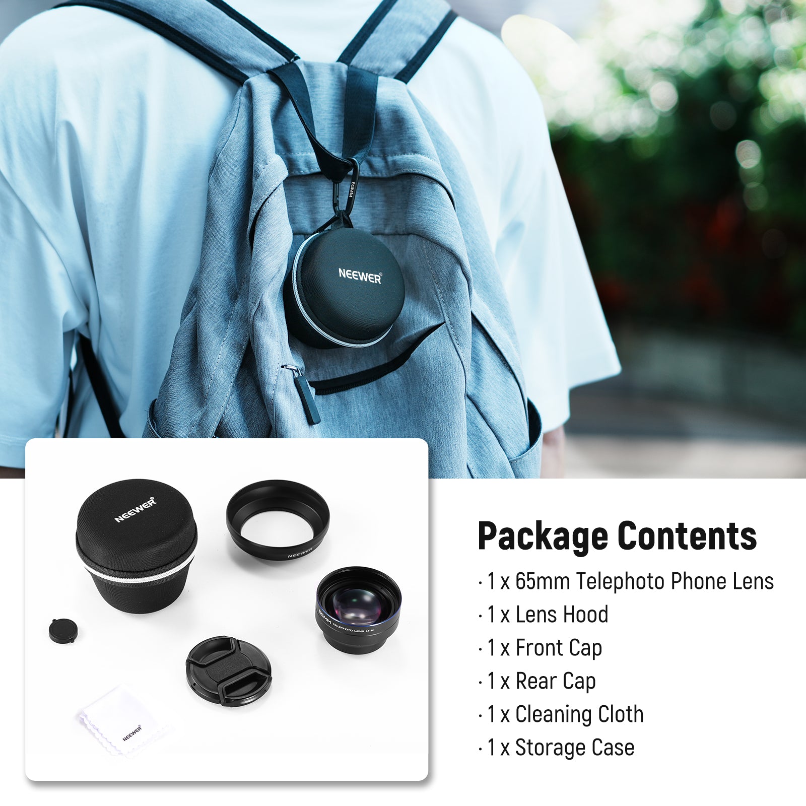 NEEWER LS 66 65mm HD Telephoto Lens for Smartphones - 17mm Thread & Lens Hood Included - Perfect for Travel, Wildlife & Portrait Photography