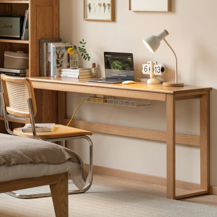 Solid Oak and Poplar Wood Long Narrow Desk - Modern Minimalist Home Office Writing Table for Small Spaces | Perfect for Study, Work, and Laptop Use
