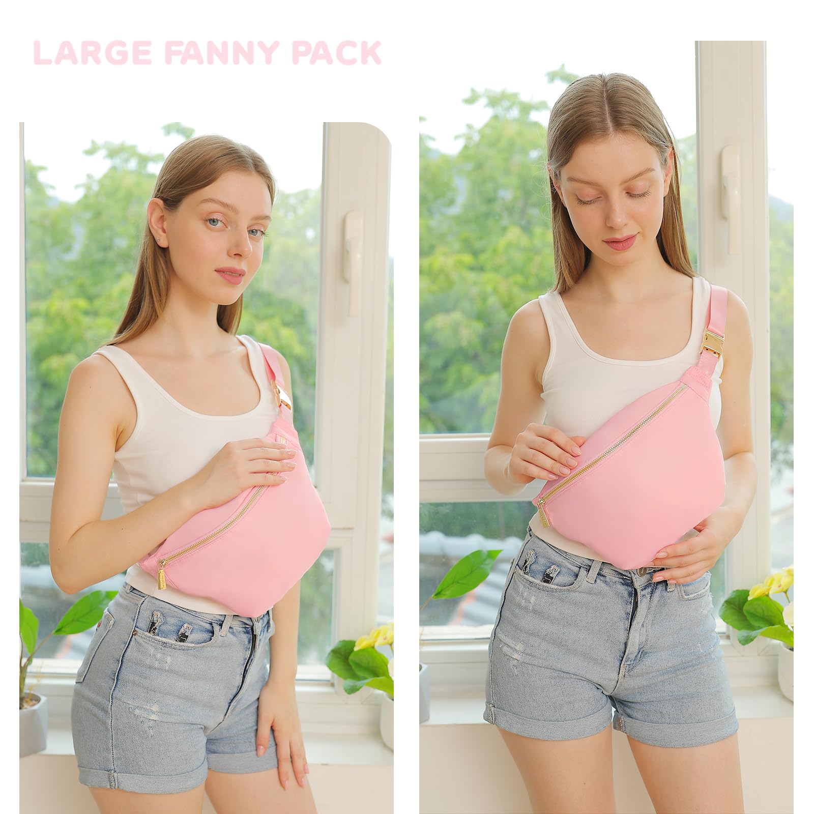 Waterproof Nylon Fanny Pack for Women - Large Plus Size Crossbody Sling Bag with Adjustable Belt, Travel & Stadium Approved (Baby Pink) - Perfect for Hiking, Concerts, Shopping and Daily Use