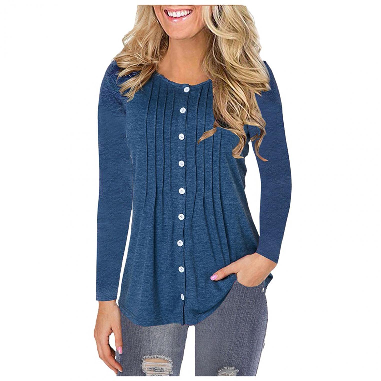Women's Long Sleeve Button Down Shirt - Casual Round Neck Solid Color Blouse for Spring & Summer | Office Wear, Date Night, Everyday Tunic Top