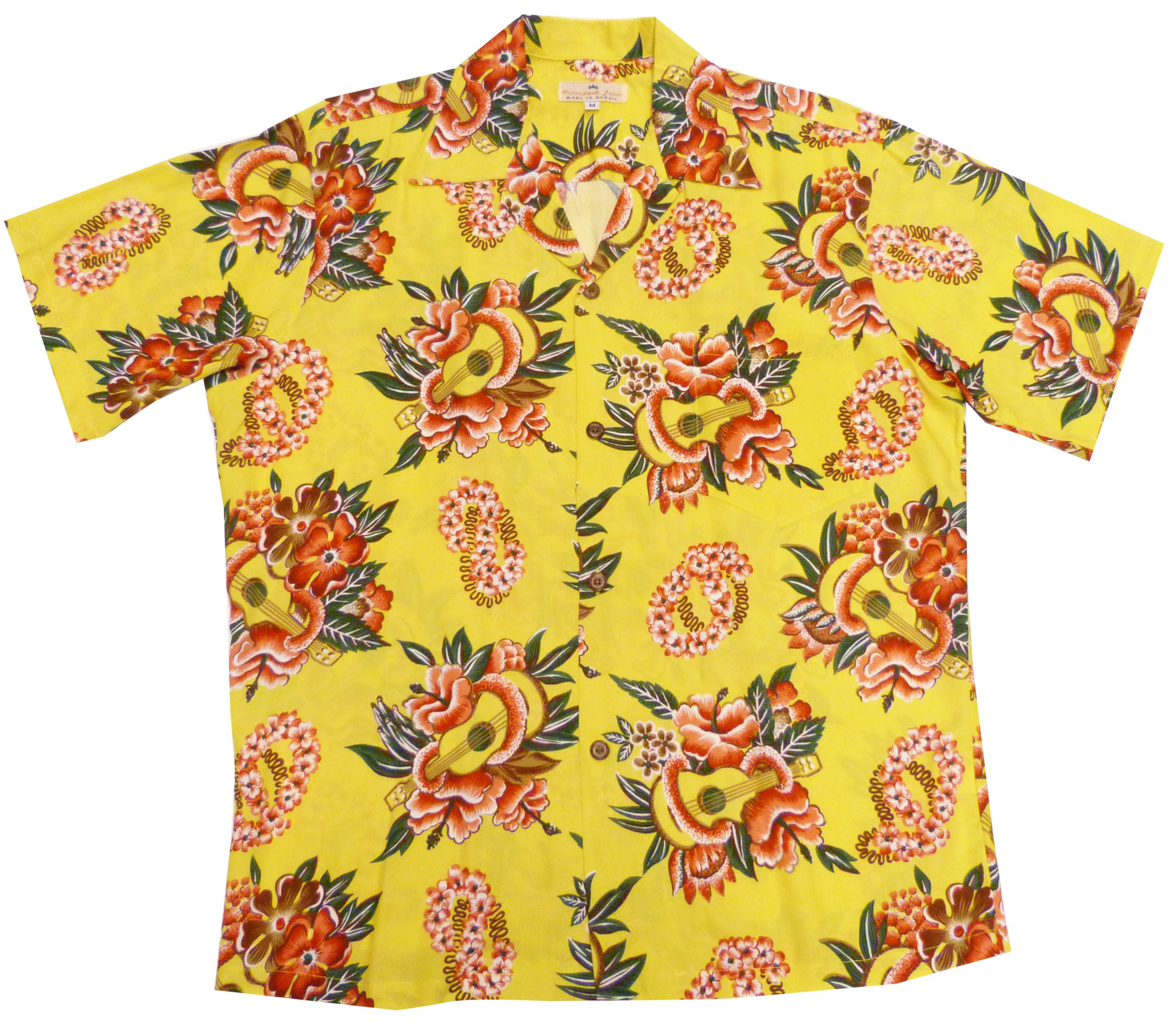 Pineapple Juice Men's Hawaiian Shirt with Ukulele Lei Print - Perfect for Luau Parties, Beach Vacations & Summer Festivals
