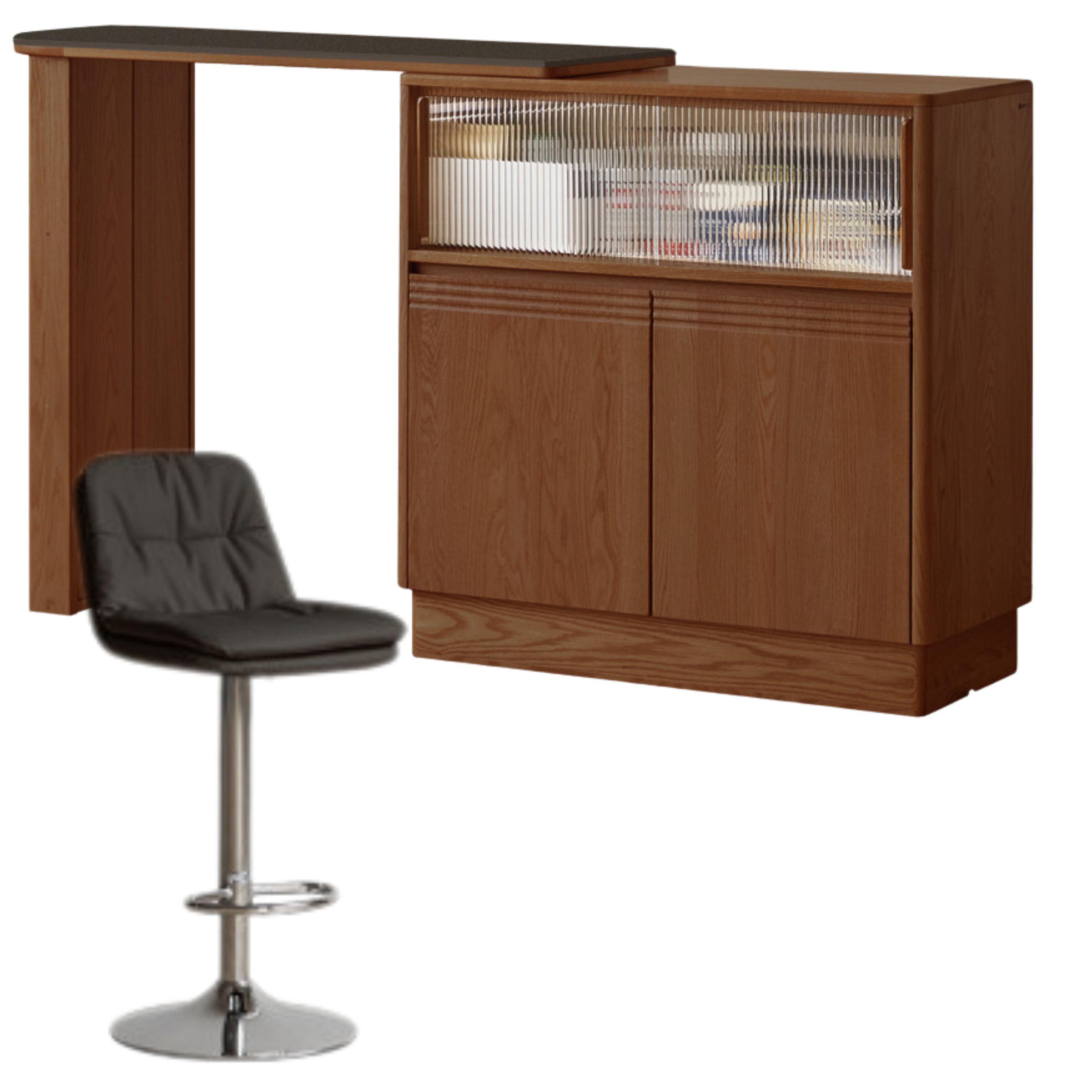 39.4x17.7x39.4 inch / 100x45x100сm / +47.2x17.7x40.9 inch / 120x45x104.2сm /  Walnut color/ partition cabinet + pure black rock board  table+bar chair* 2