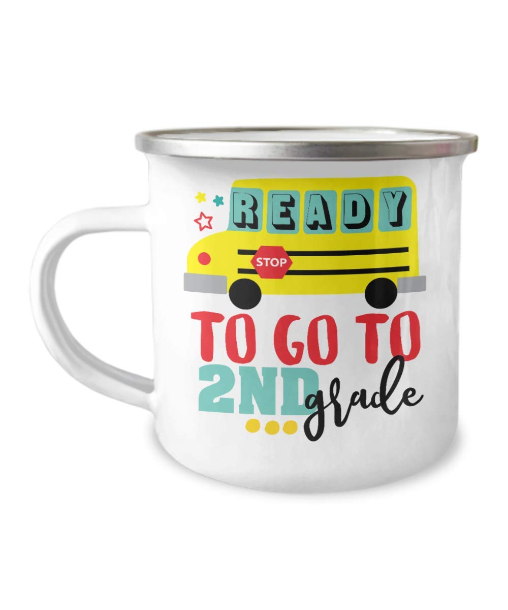 Zapbest 12oz Stainless Steel Enamel Kids Coffee Mug - Ready for 2nd Grade, Durable School Travel Mug for Children, White Camper Design - Perfect for School, Camping & Family Road Trips