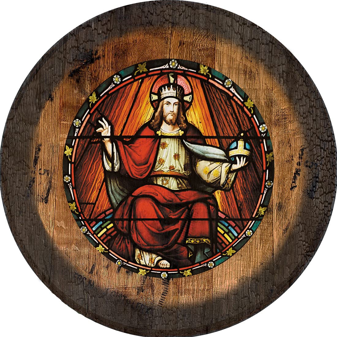 Faith Church Stained Glass Wall Art - Large Oak Whiskey Barrel Lid Decor for Home, Church & Bar | Religious Gift, Rustic Home Decor, Vintage Bar Sign