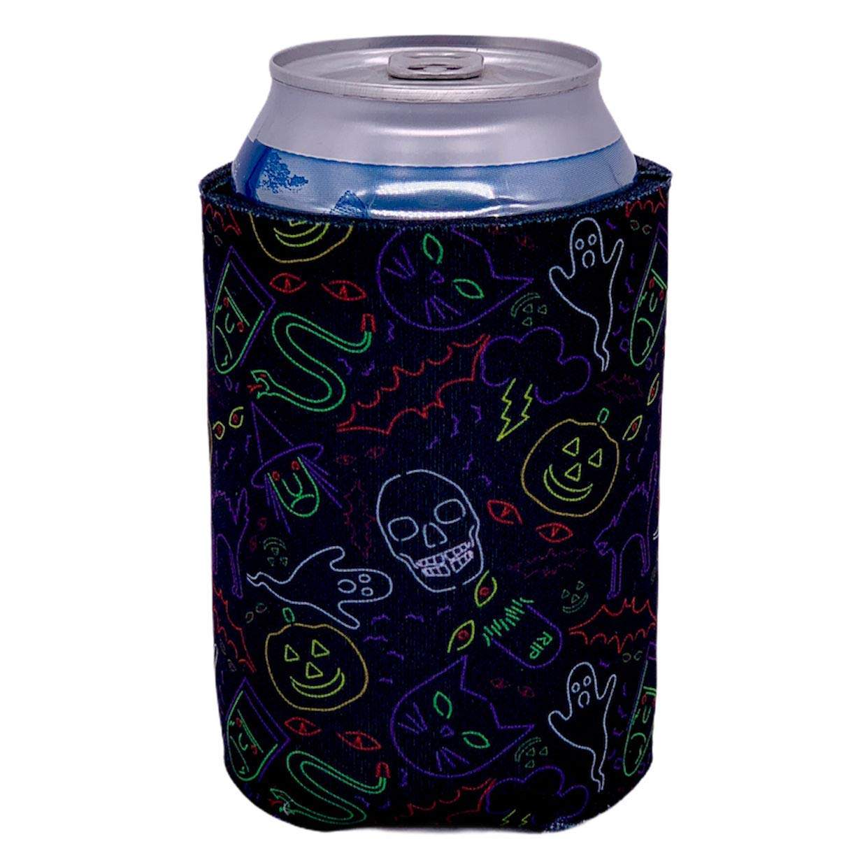 Halloween Neon Pattern Collapsible Can Cooler - Insulated Beer Sleeve for Halloween Parties, Tailgating & Outdoor Events (1 Pack)