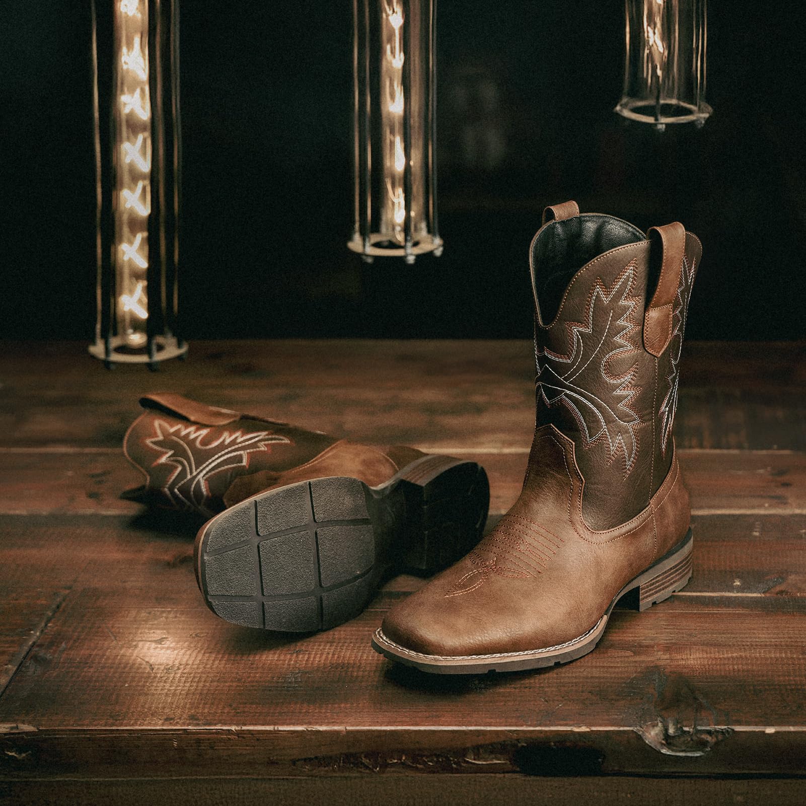 Lumeheel Men's Western Cowboy Boots - Classic Embroidered Square Toe Slip-On Boots with Slip-Resistant Sole & Chunky Heel | Durable Ankle Boots for Spring & Fall | Perfect for Country Dancing, Rodeo Events & Casual Wear
